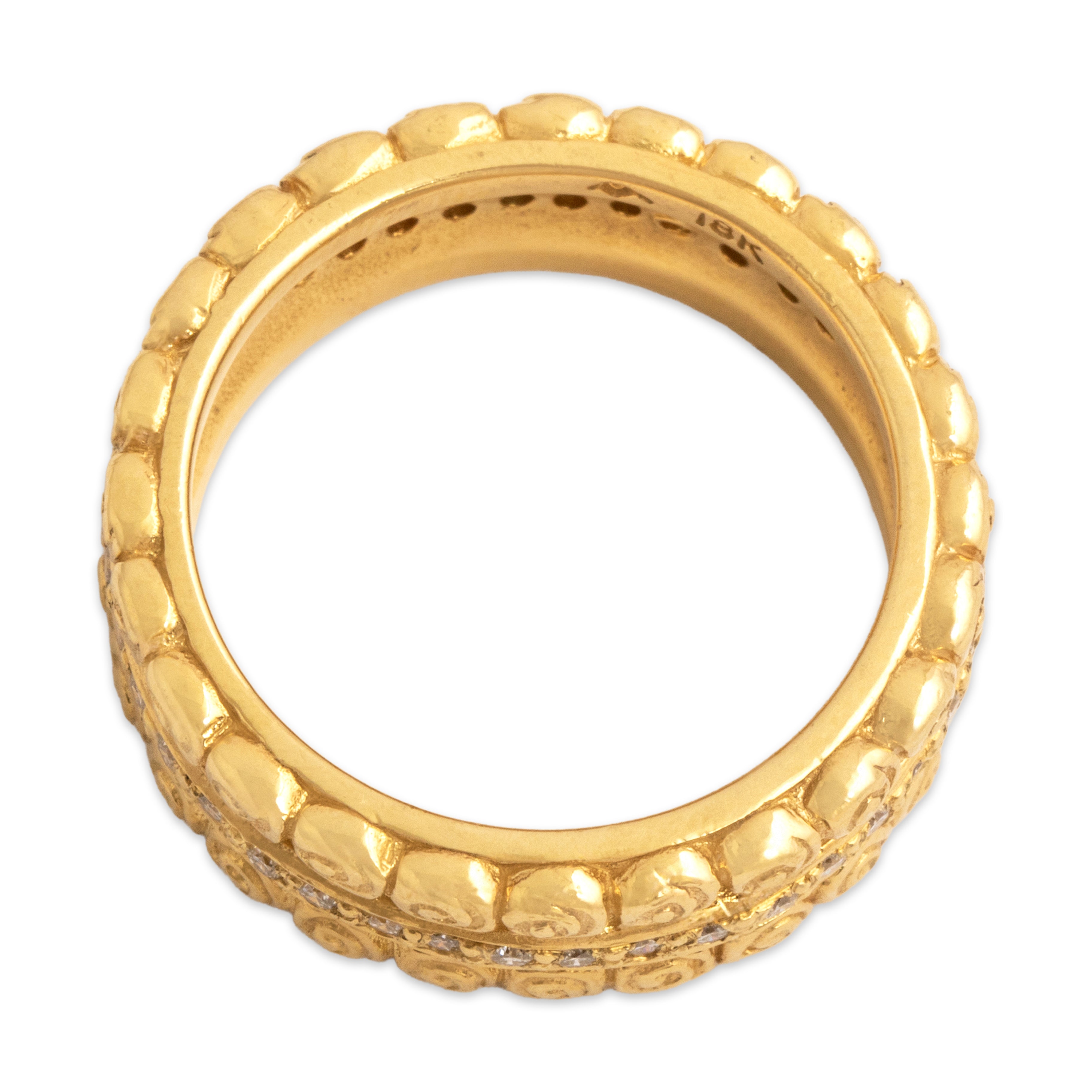 Vintage Heavy 18k Yellow Gold Diamond Ornate Scroll Eternity Band Ring - detail view #1