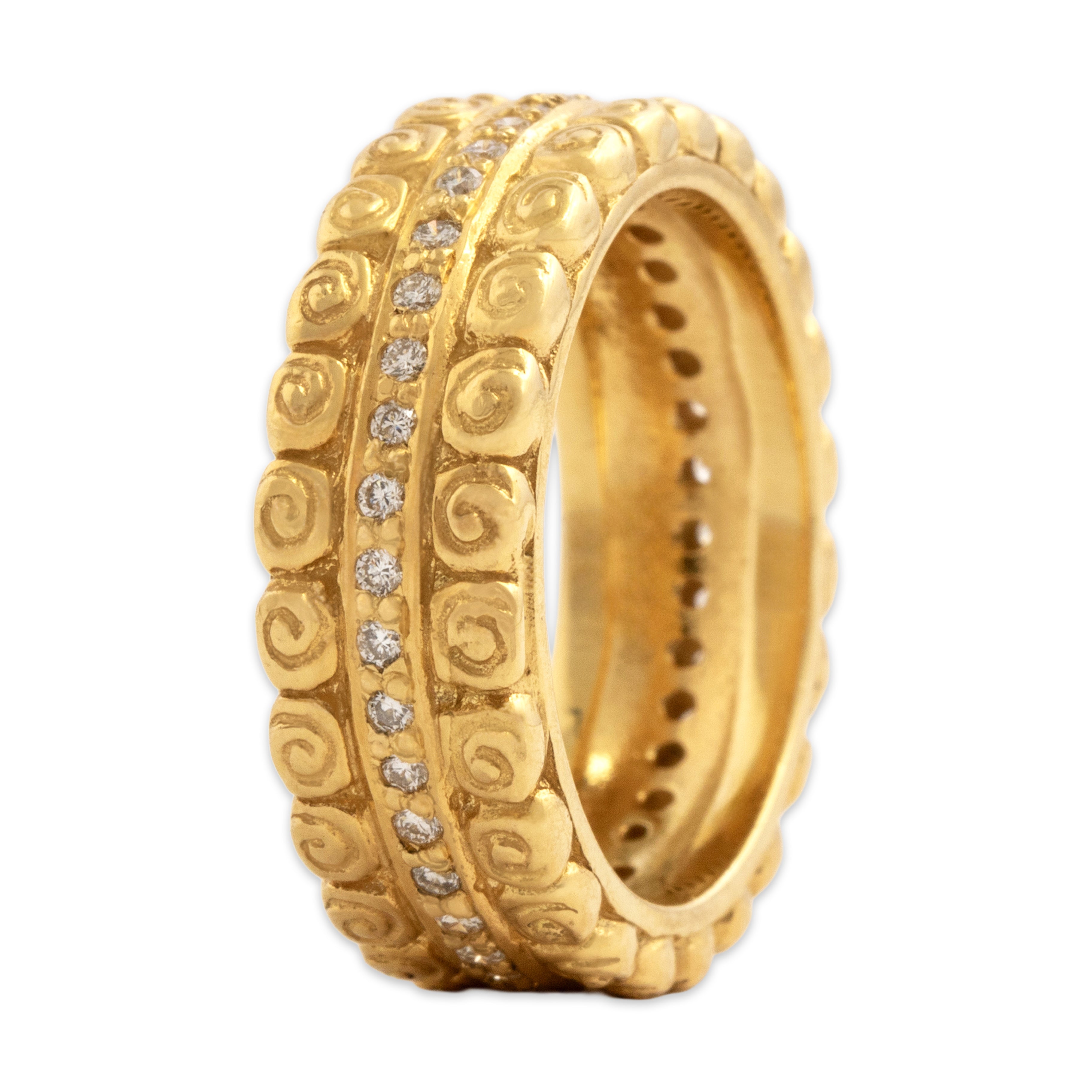 Vintage Heavy 18k Yellow Gold Diamond Ornate Scroll Eternity Band Ring - Overall view