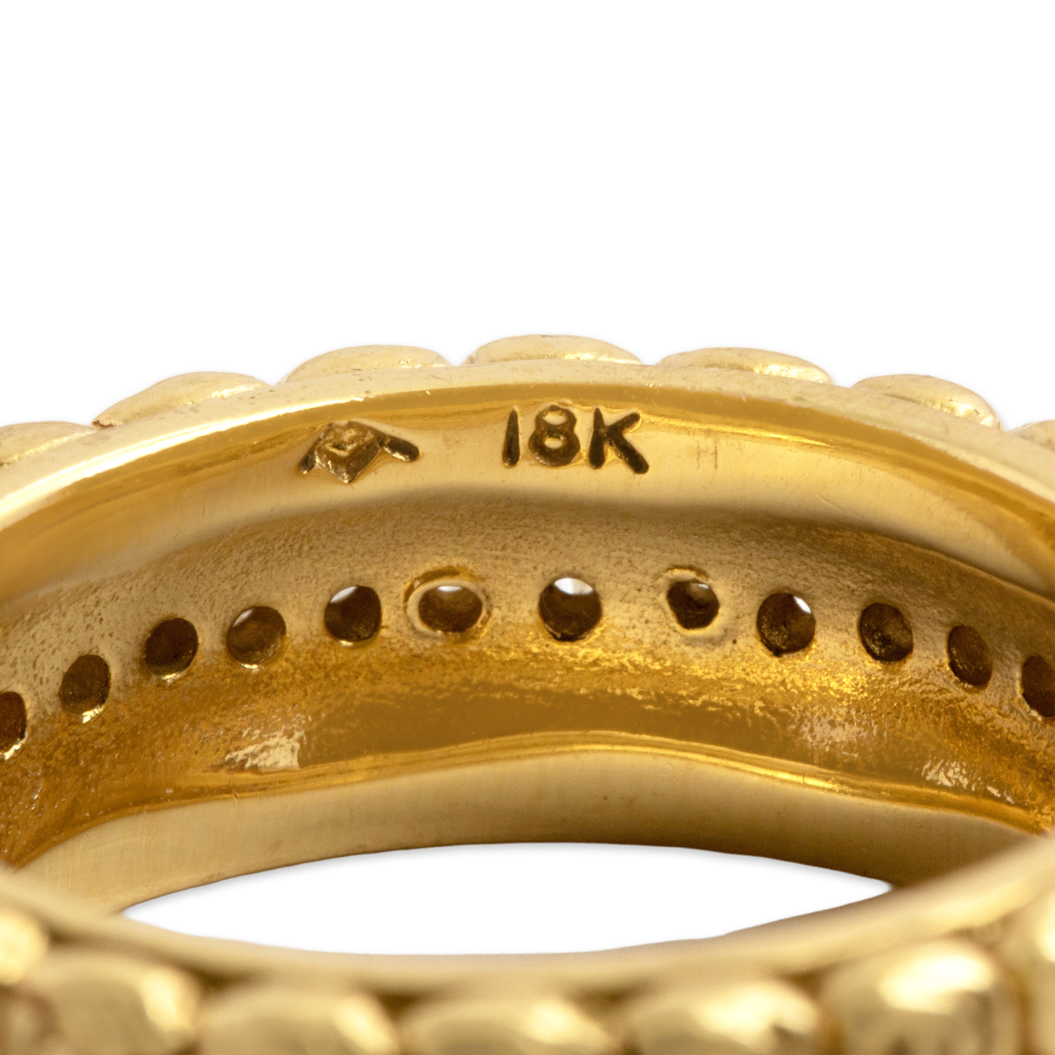 Vintage Heavy 18k Yellow Gold Diamond Ornate Scroll Eternity Band Ring - Hallmark view