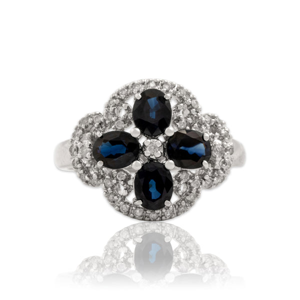 Vintage 14k White Gold 1.73cttw Blue Sapphire Diamond Dazzling Quatrefoil Ring 7.00