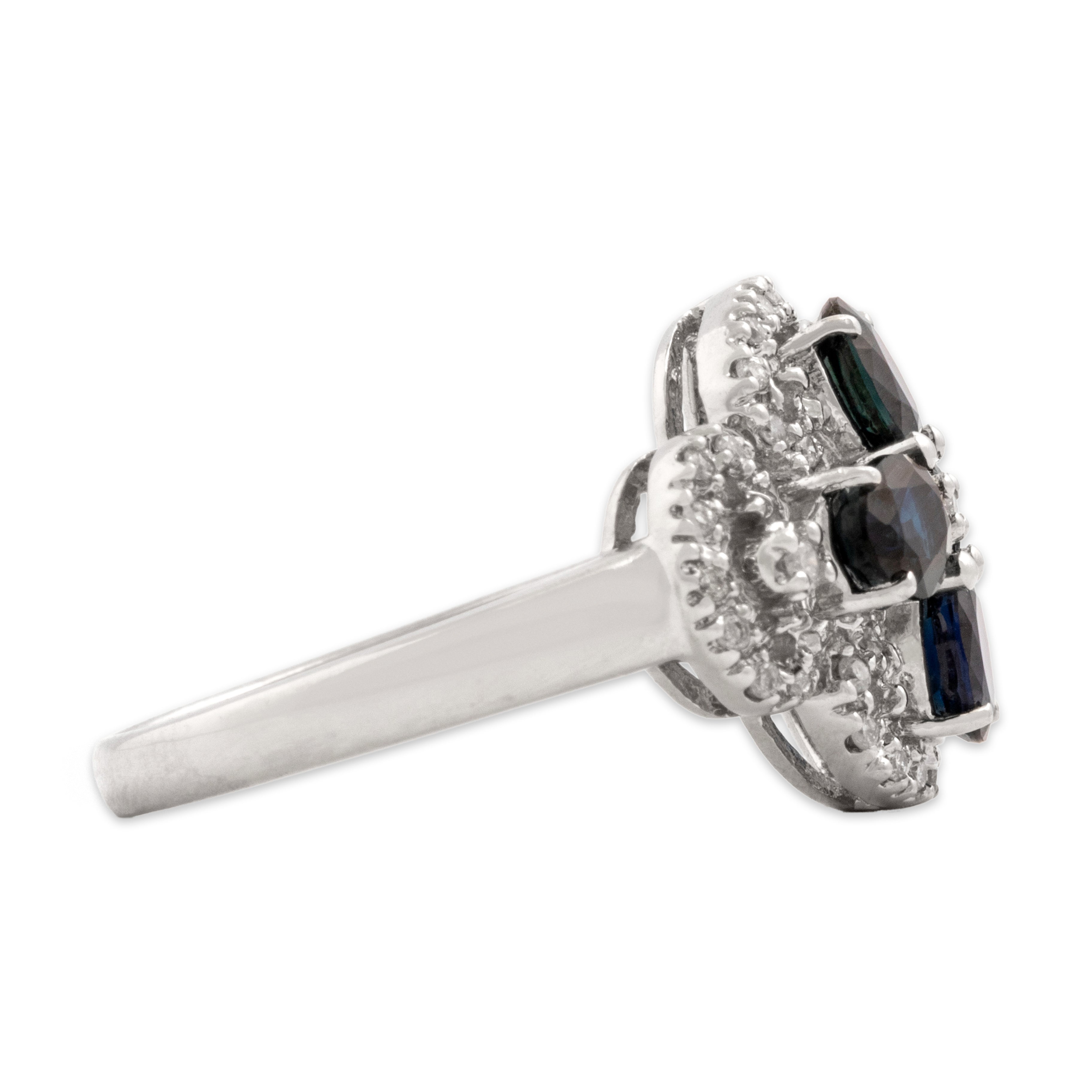 Vintage 14k White Gold 1.73cttw Blue Sapphire Diamond Wonderful Dazzling Quatrefoil Ring - Side view