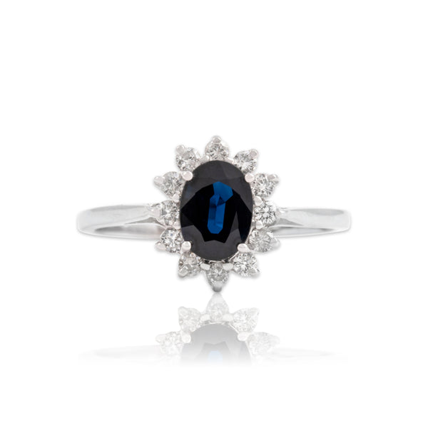 Vintage 14k White Gold .86ct Blue Sapphire Diamond Stunning Oval Halo Ring 6.75