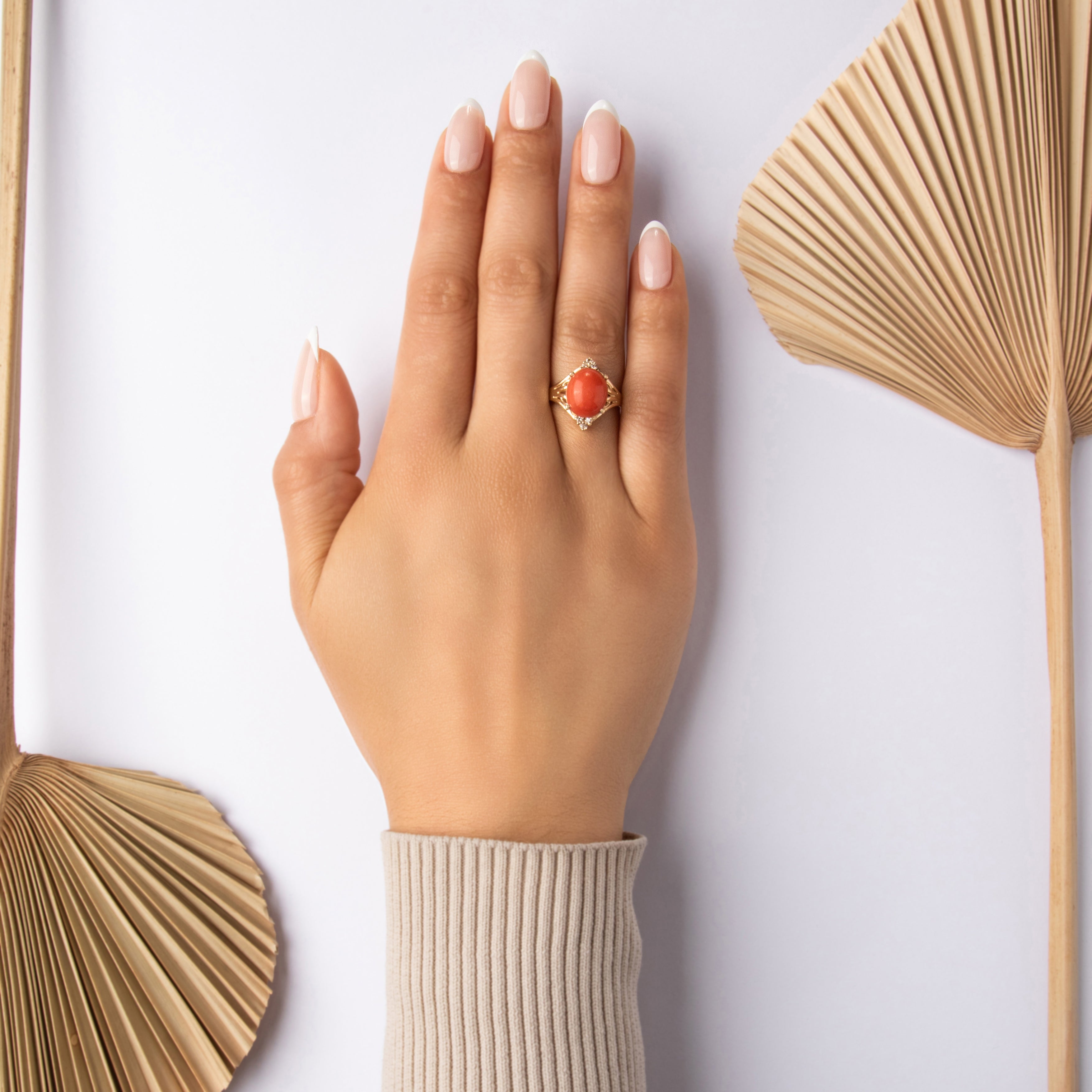 Vintage 14k Yellow Gold Coral Diamond Accented Bright Cabochon Ring - On model view