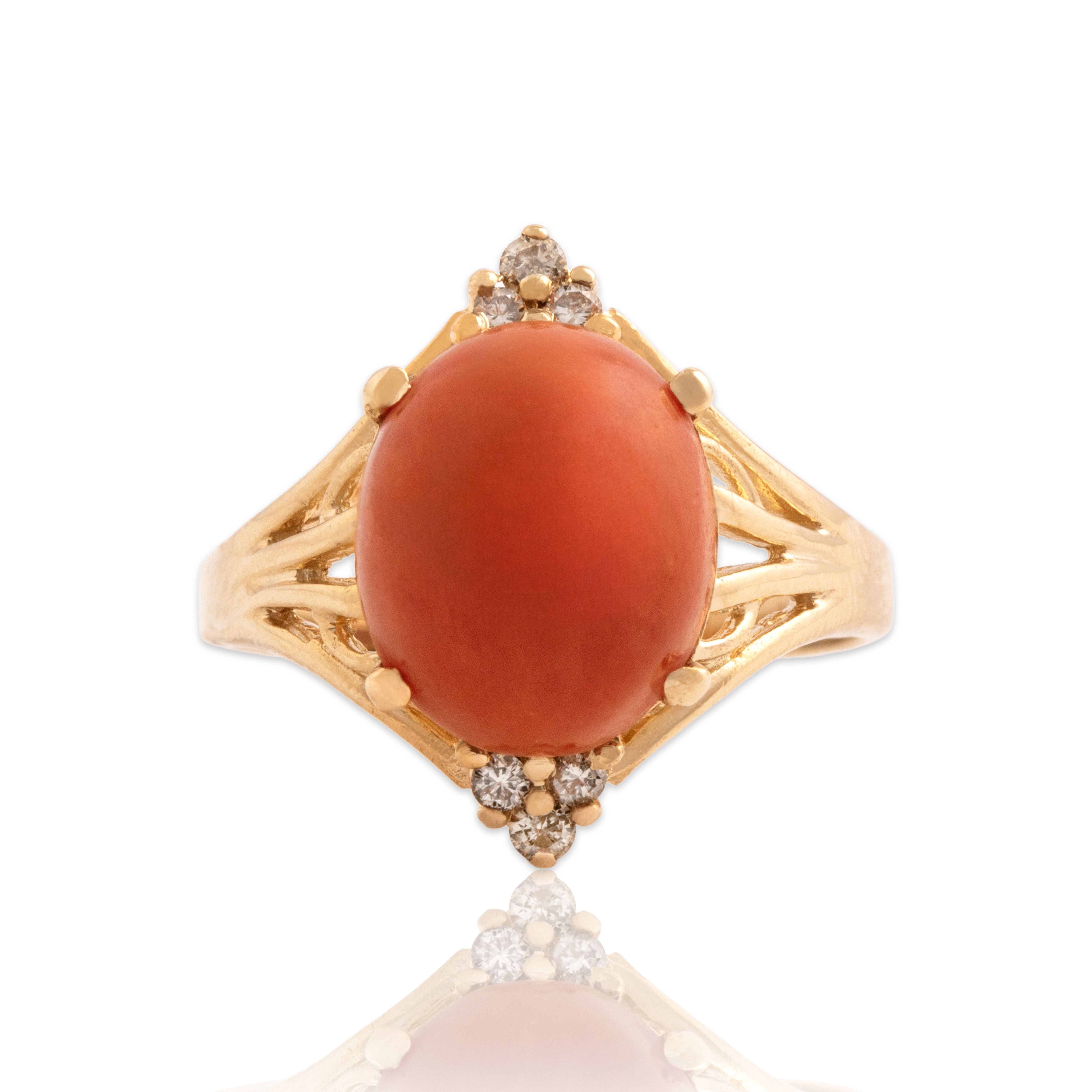 Vintage 14k Yellow Gold Coral Diamond Accented Bright Cabochon Ring - Close-up view