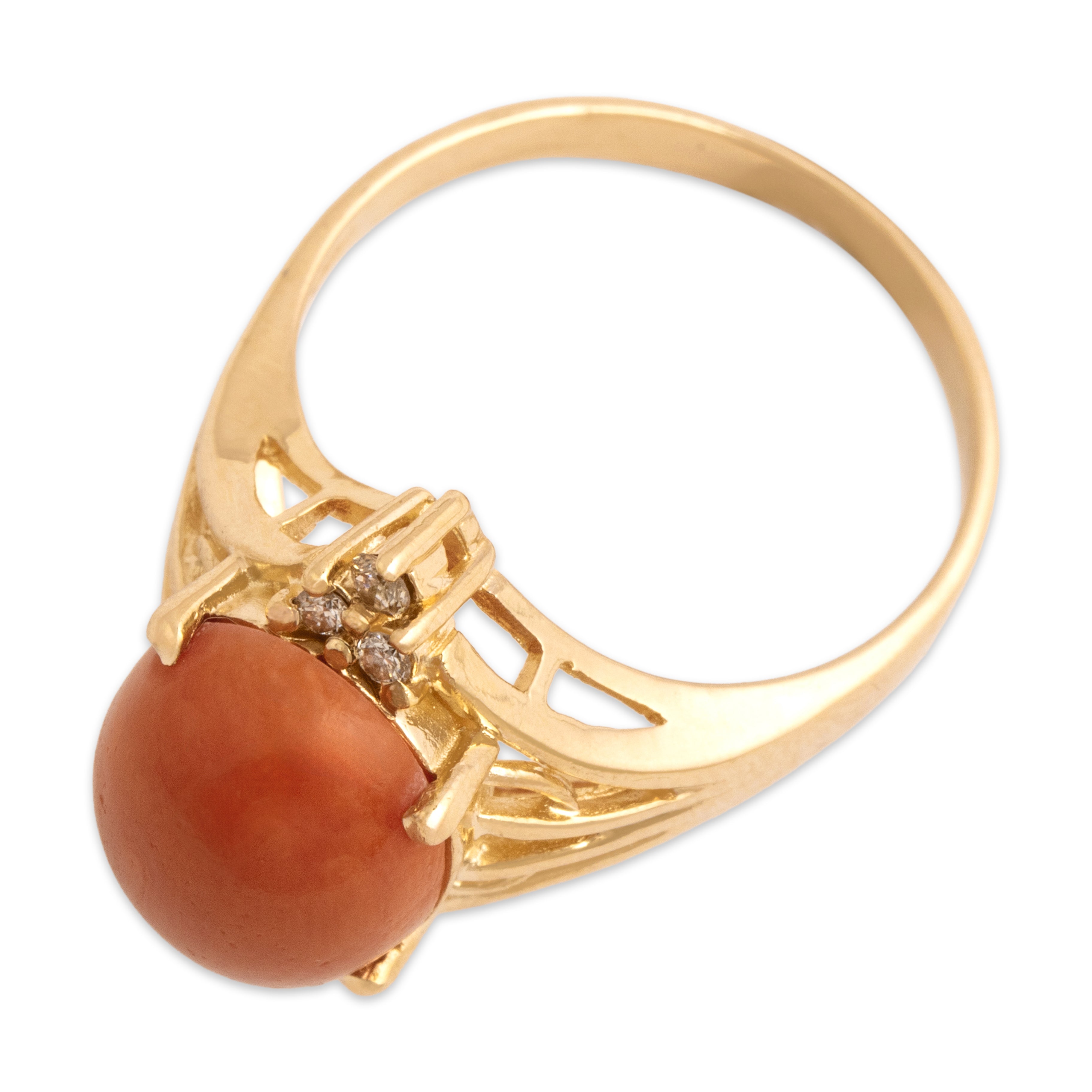 Vintage 14k Yellow Gold Coral Diamond Accented Bright Cabochon Ring - Overall view