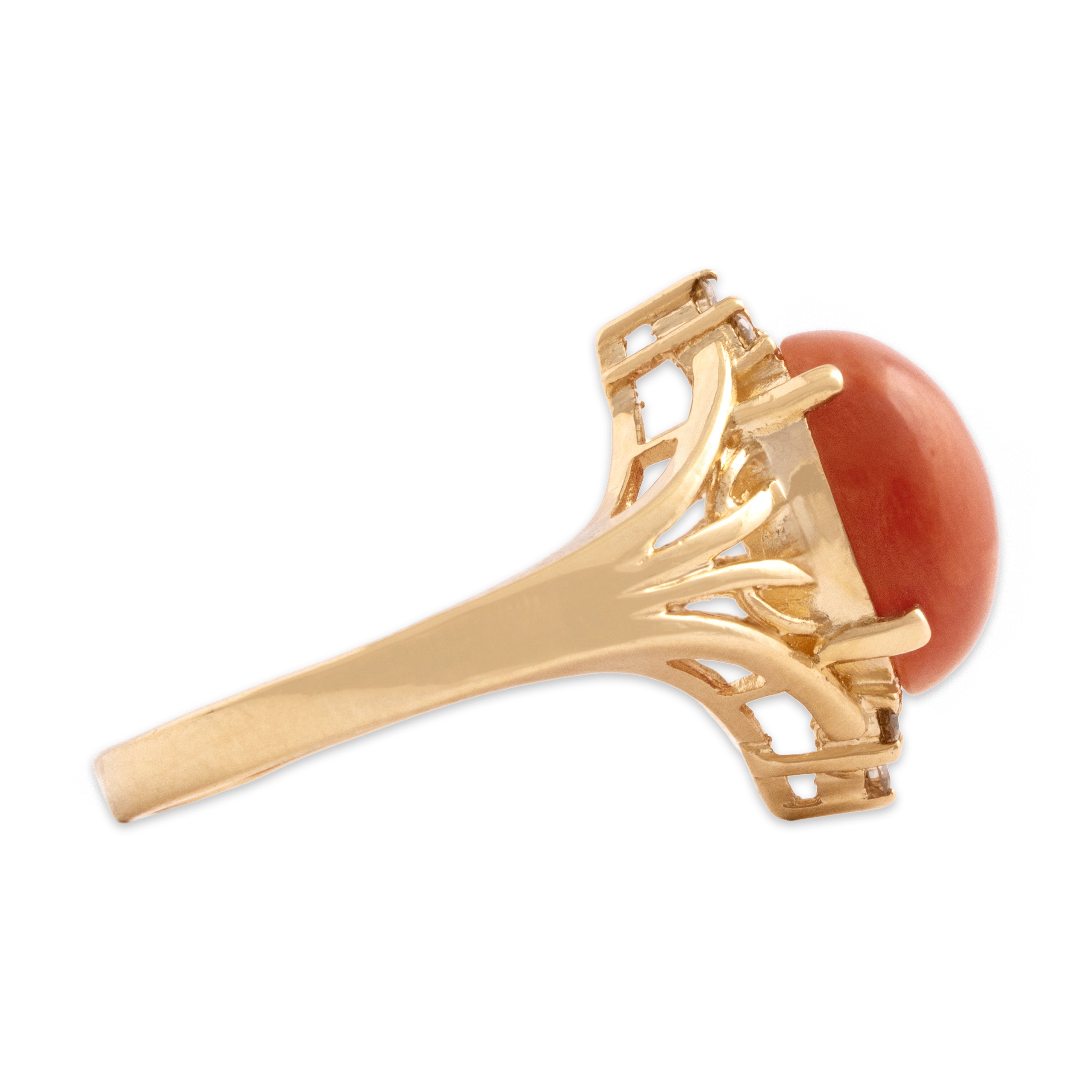 Vintage 14k Yellow Gold Coral Diamond Accented Bright Cabochon Ring - Side view