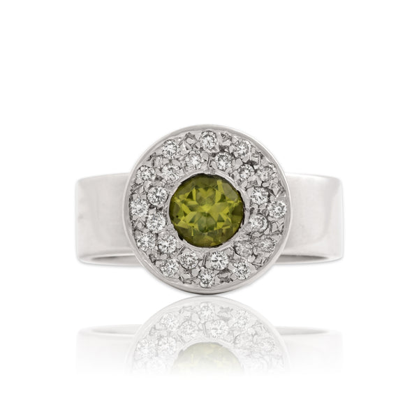Vintage 14k White Gold .5ct Peridot Diamond Sleek Wide Band Disc Ring 5.75
