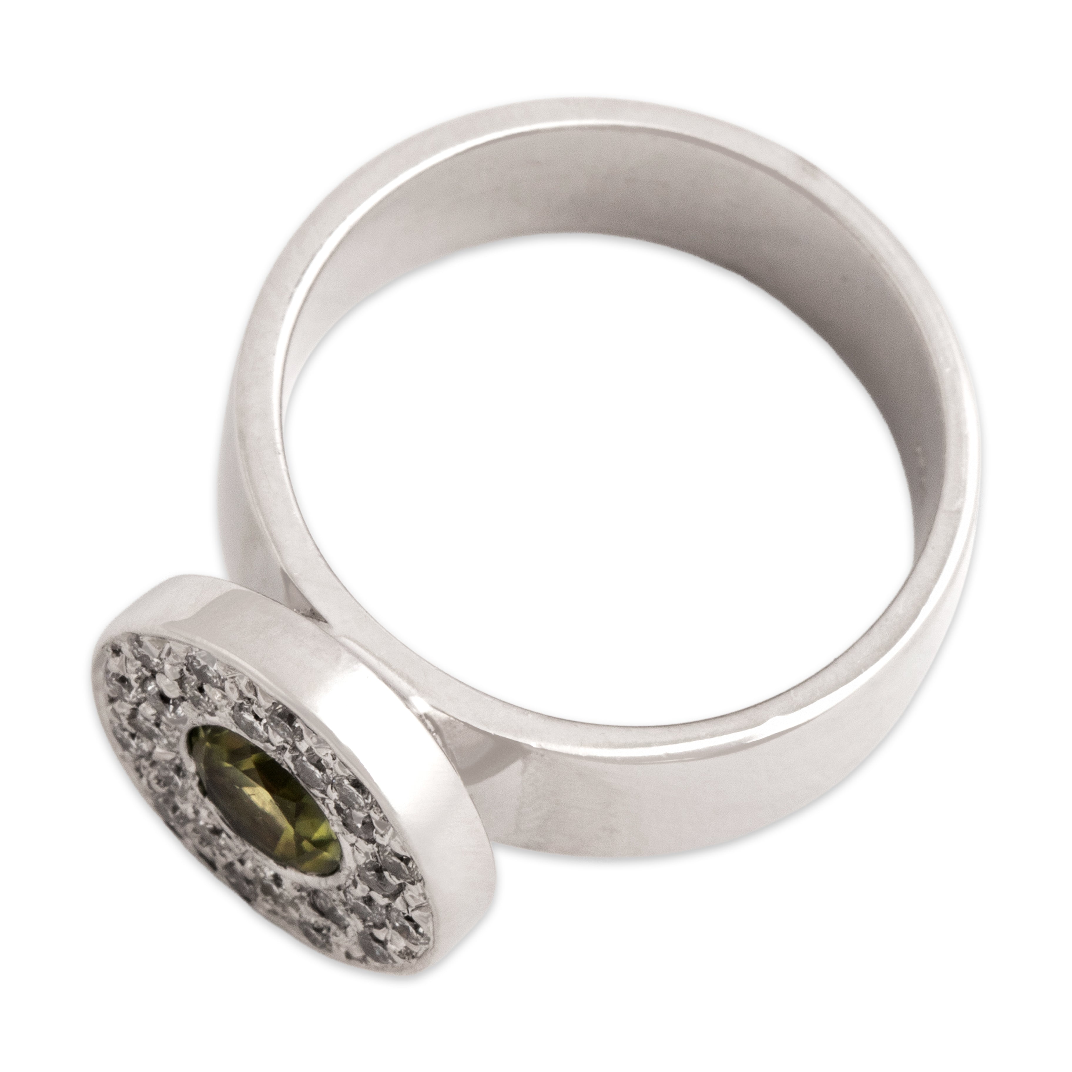 Vintage 14k White Gold .5ct Peridot Diamond Sleek Wide Band Disc Ring - Overall view