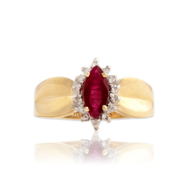 Vintage 14k Yellow Gold Ruby Diamond Bold Shoulder Marquise Ring 6.00