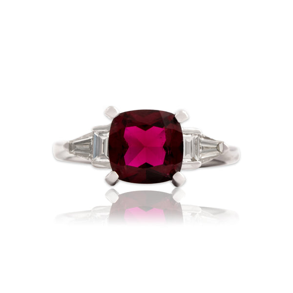 Vintage 14k White Gold 2.78ct Berry Tourmaline Diamond Sparkling Cushion Ring 6.75