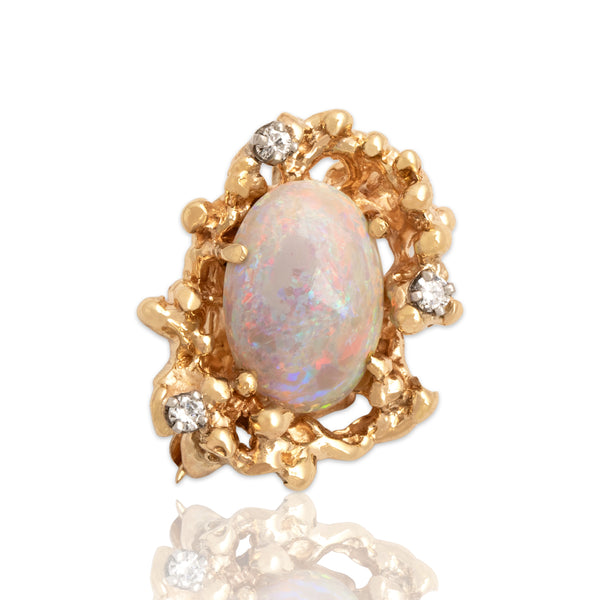 Vintage 14k Yellow Gold 1.91ct Opal Diamond Iridescent Freeform Pin / Pendant