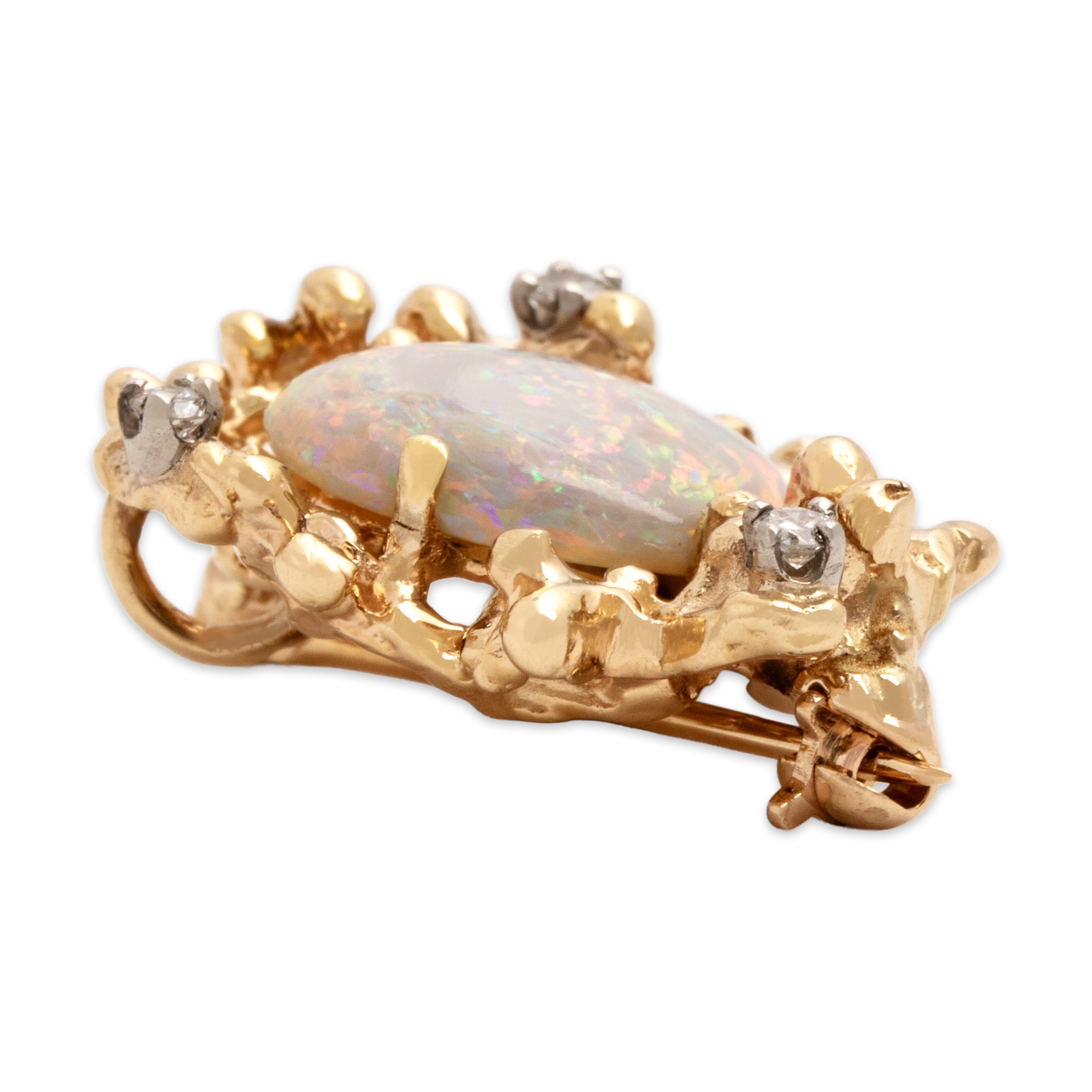 Vintage 14k Yellow Gold 1.91ct Opal Diamond Organic Iridescent Cabochon Small Pin / Pendant - Side view