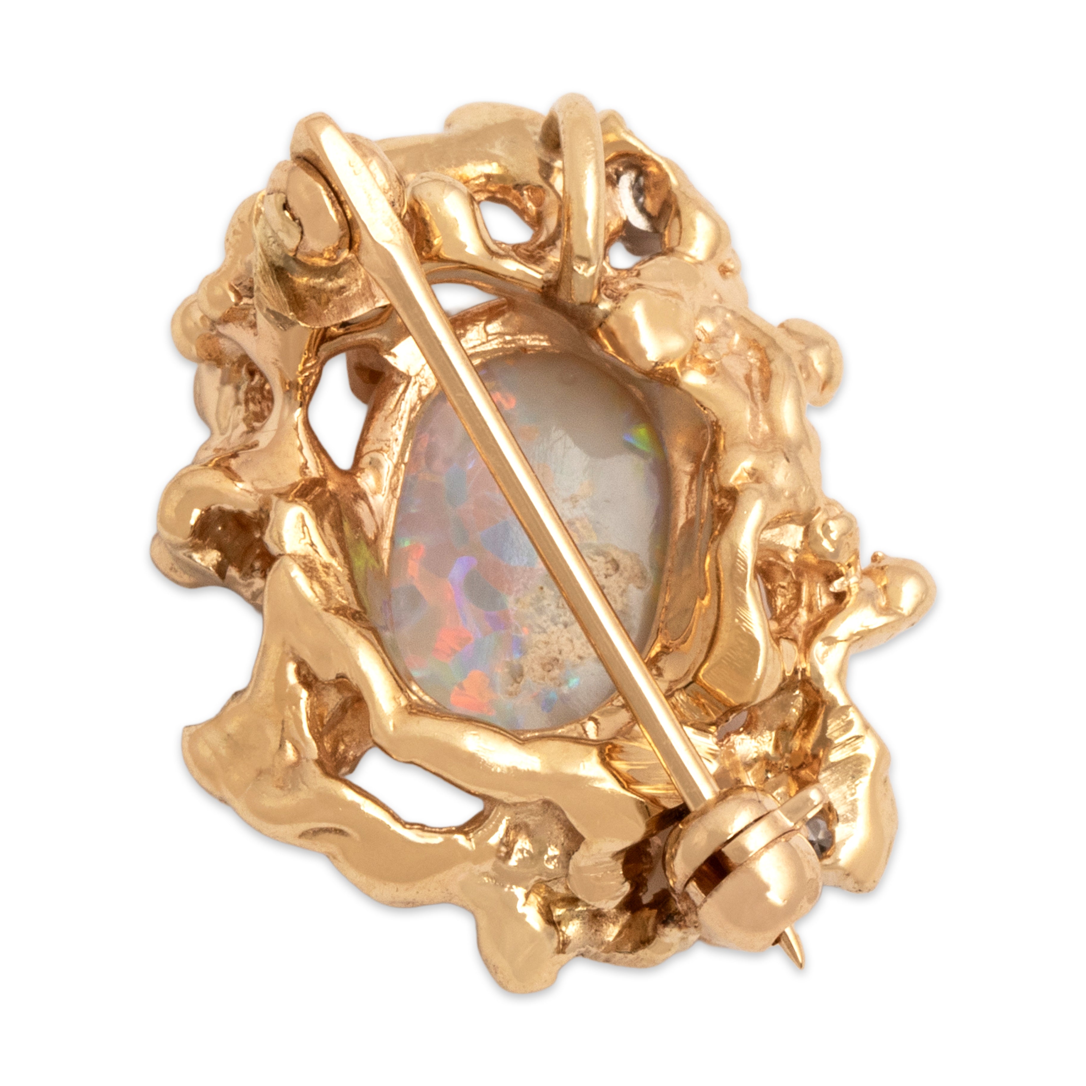 Vintage 14k Yellow Gold 1.91ct Opal Diamond Organic Iridescent Cabochon Small Pin / Pendant - Back view