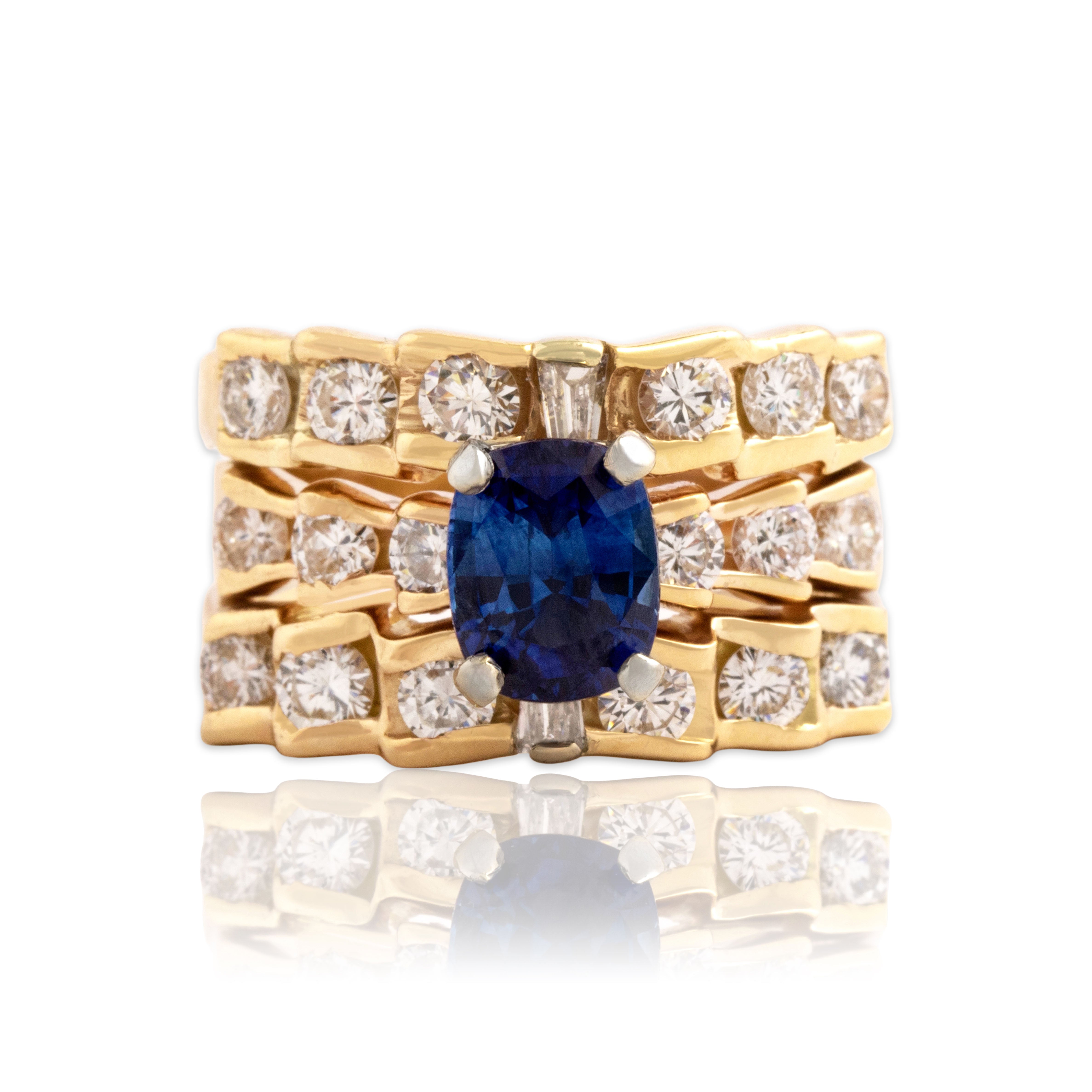 Vintage Heavy 14k Yellow Gold 1.85ct Blue Sapphire 1.49cttw Diamond Ring 7.00