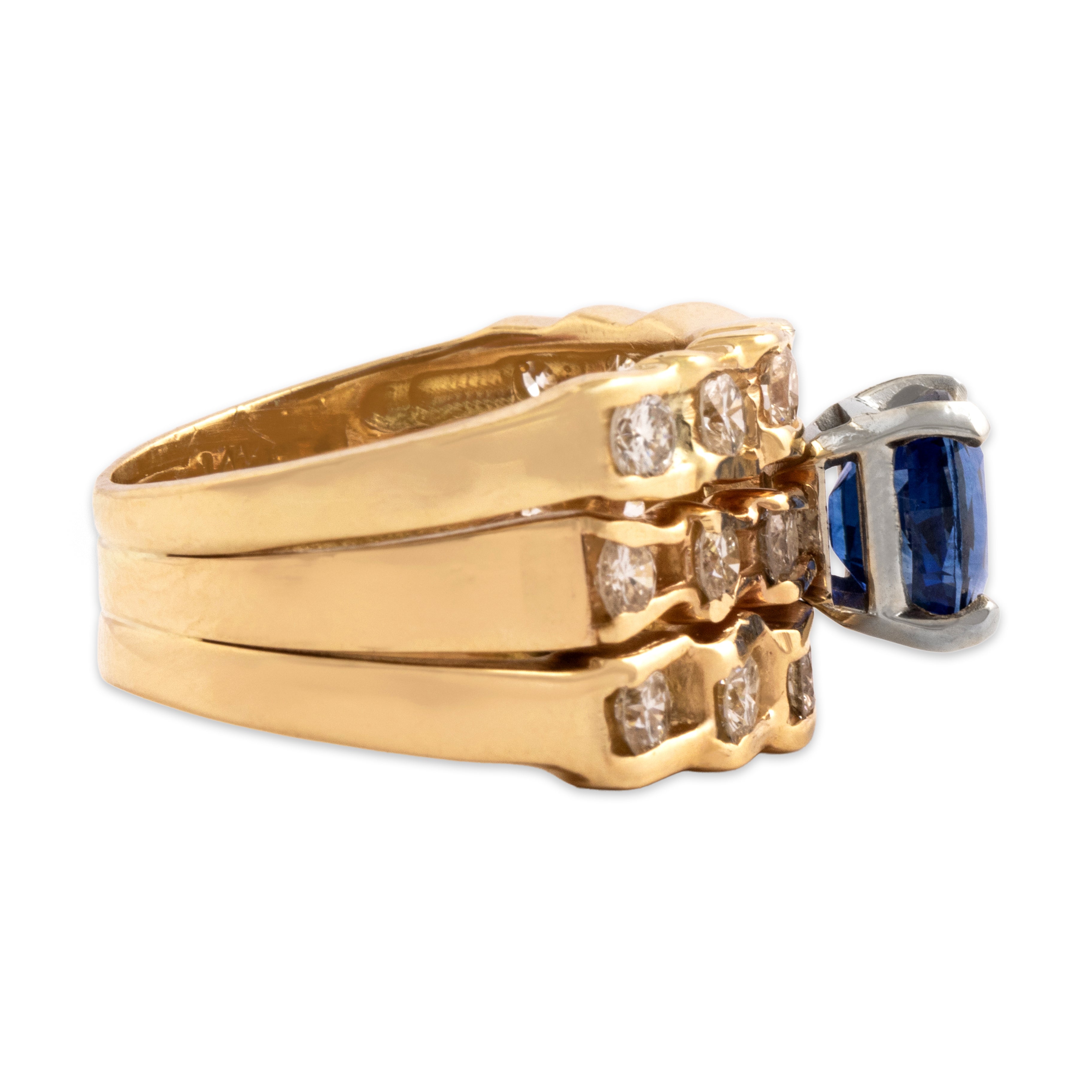 Vintage Substantial 14k Yellow Gold 1.85ct Blue Sapphire 1.49cttw Diamond Wide Glittering Step Ring - Side view