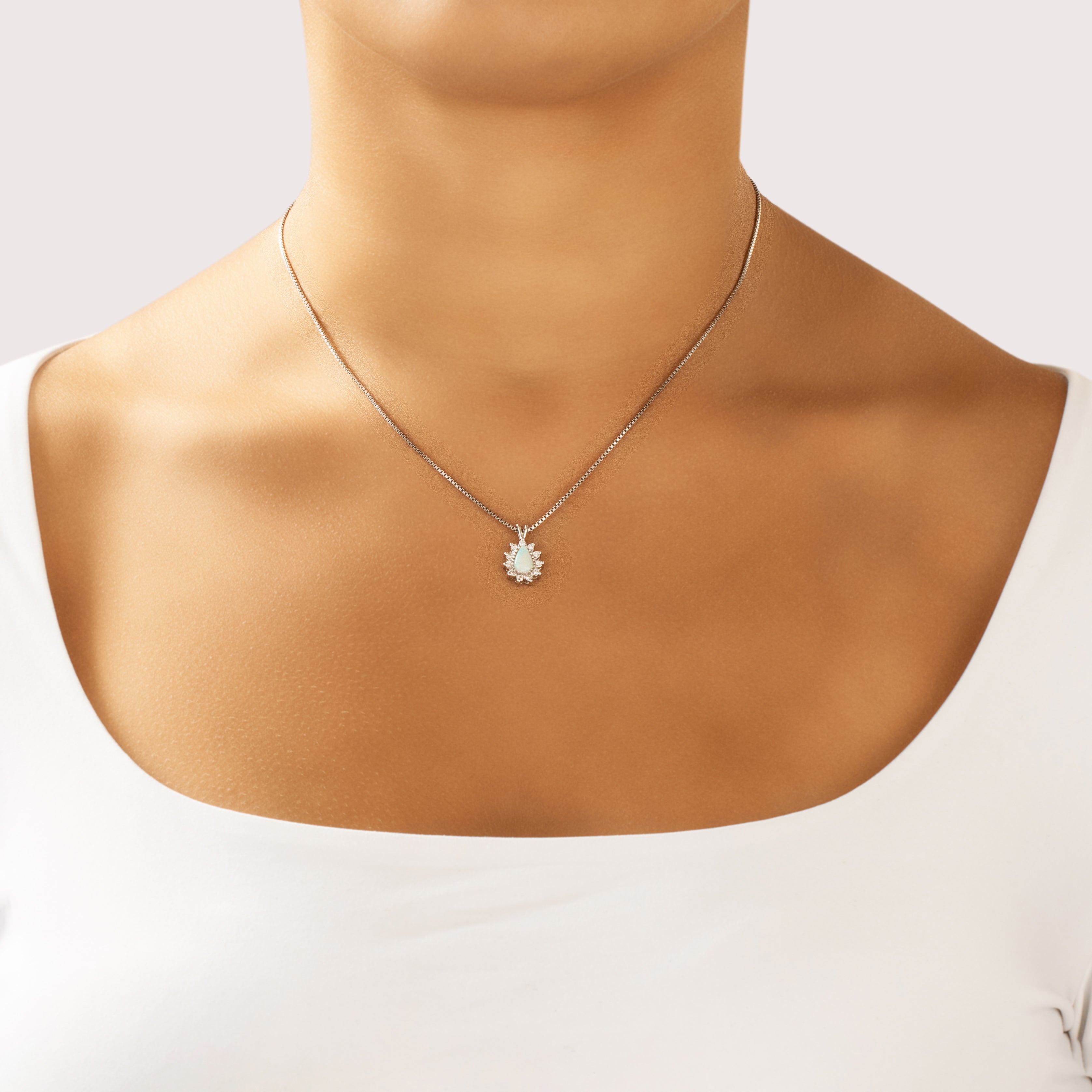 Vintage 14k White Gold Opal Diamond Glittering Iridescent Pear Pendant - On model view