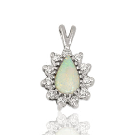 Vintage 14k White Gold Opal Diamond Glittering Iridescent Pear Pendant