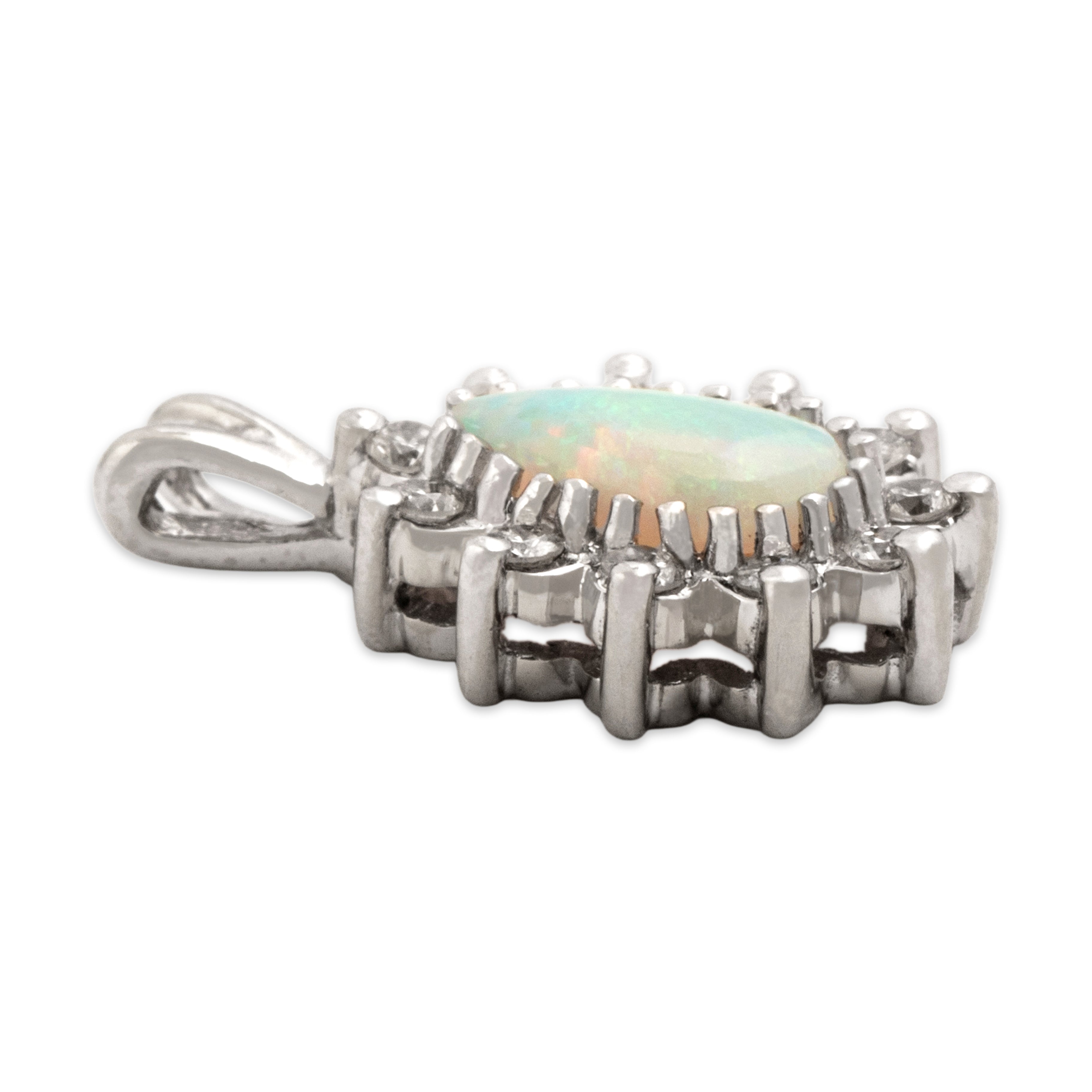 Vintage 14k White Gold Opal Diamond Glittering Iridescent Pear Pendant - Side view