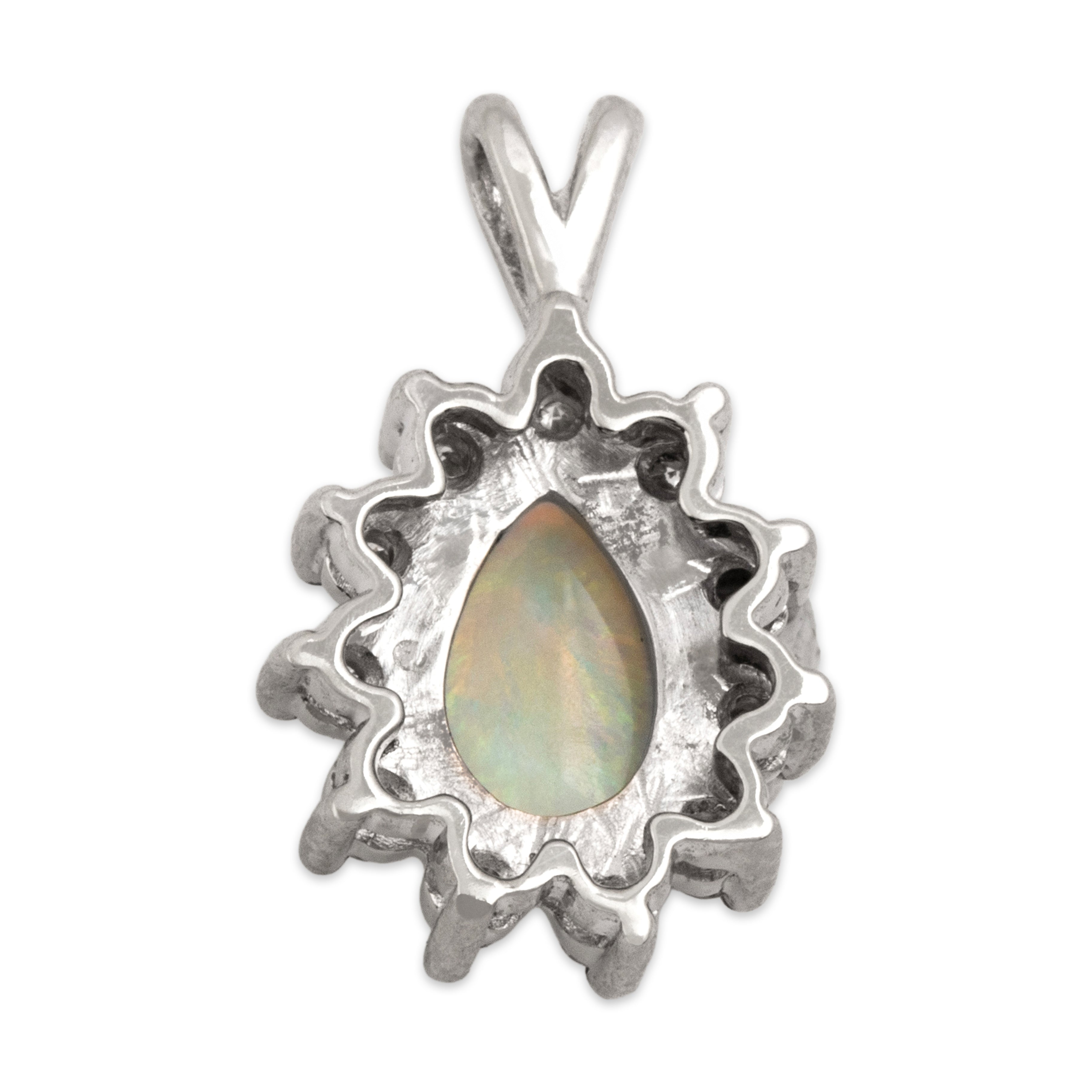 Vintage 14k White Gold Opal Diamond Glittering Iridescent Pear Pendant - Back view