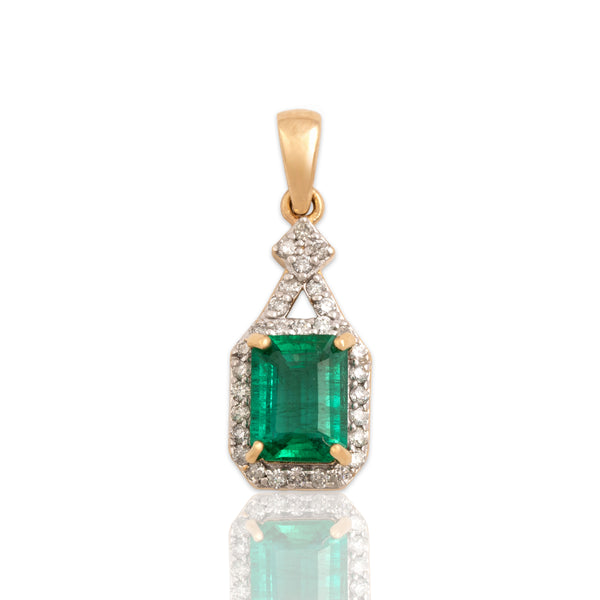 Vintage 14k Yellow Gold 1.16ct Emerald Diamond Elegant Halo Dangle Pendant