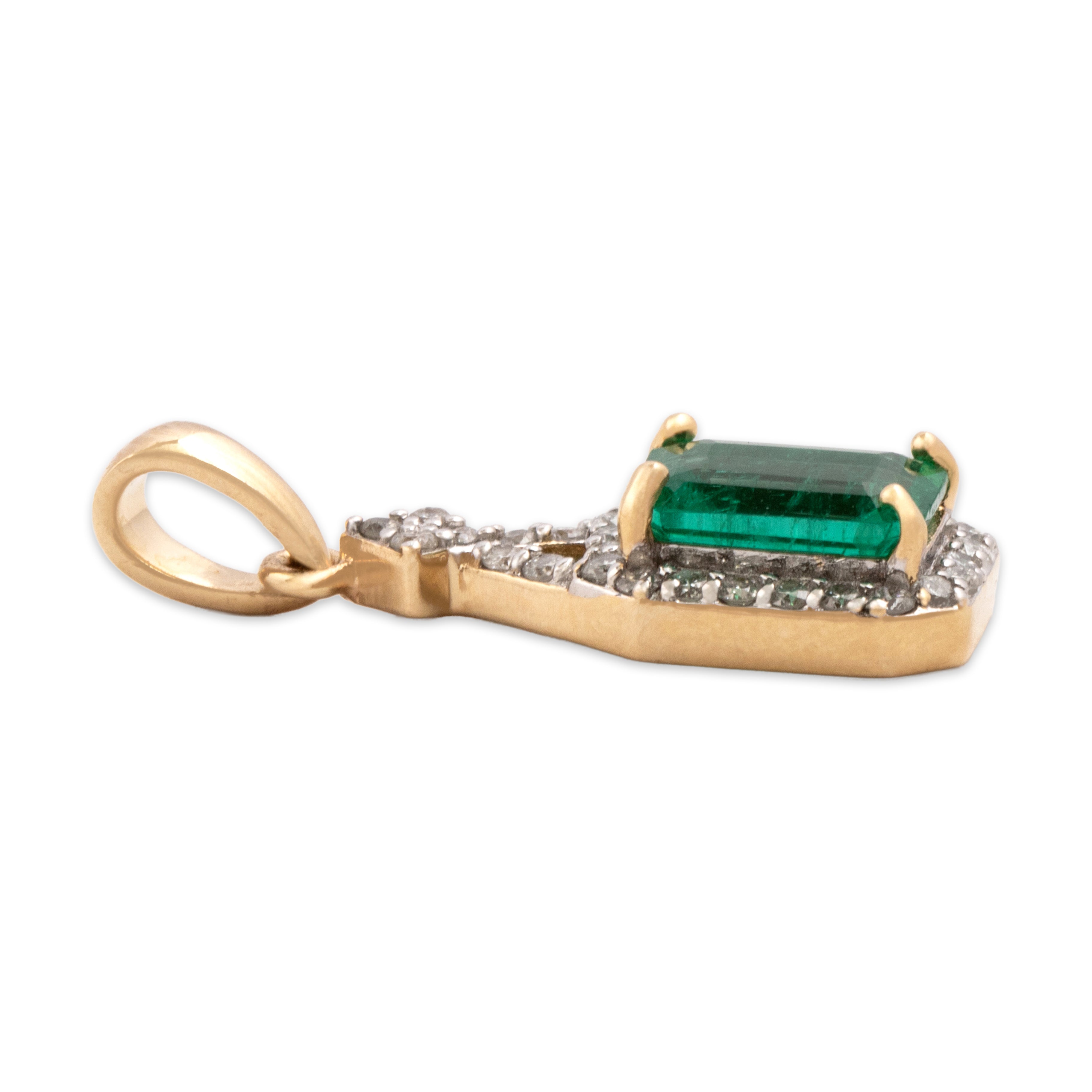Vintage 14k Yellow Gold 1.16ct Emerald Diamond Elegant Halo Dangle Pendant - Side view