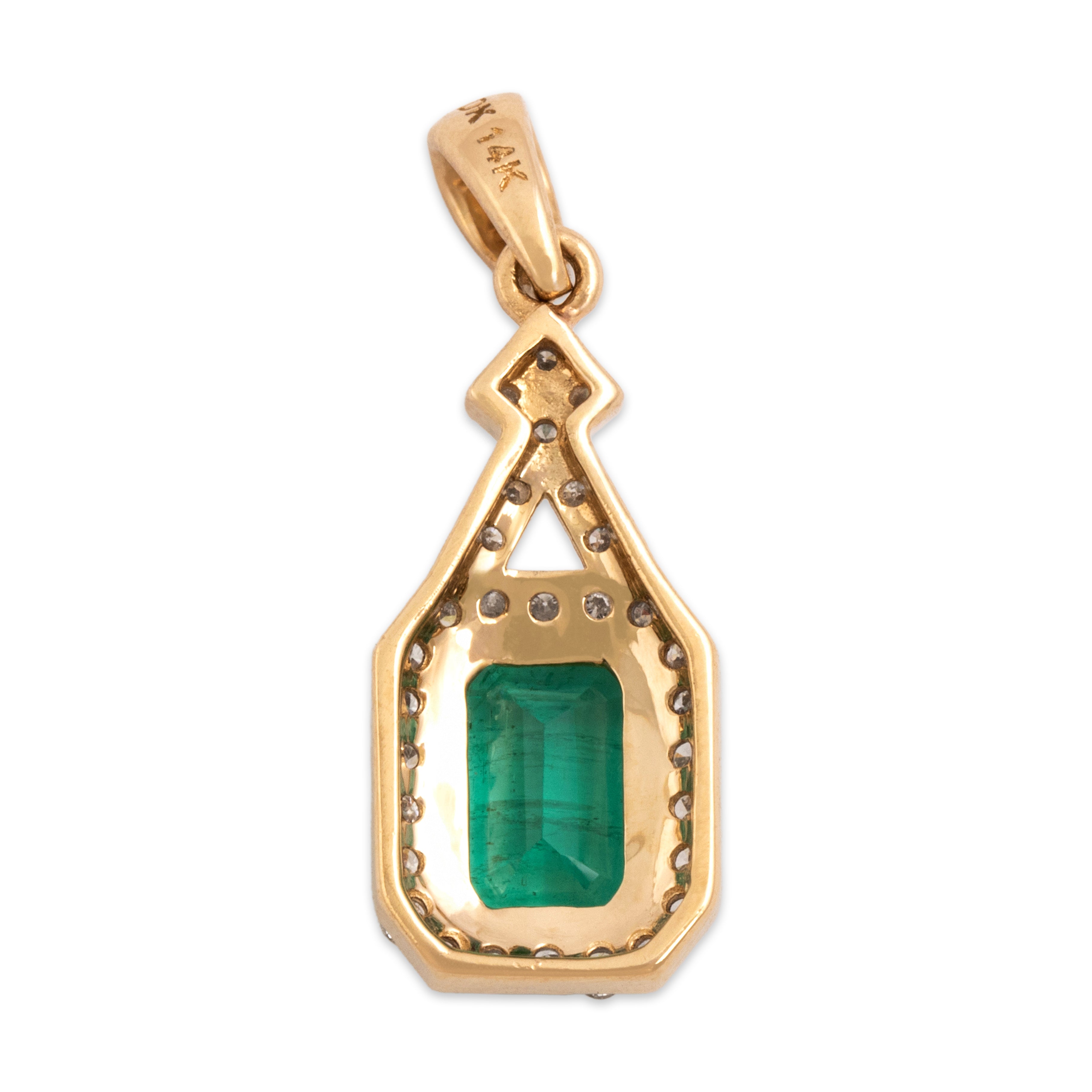 Vintage 14k Yellow Gold 1.16ct Emerald Diamond Elegant Halo Dangle Pendant - Back view