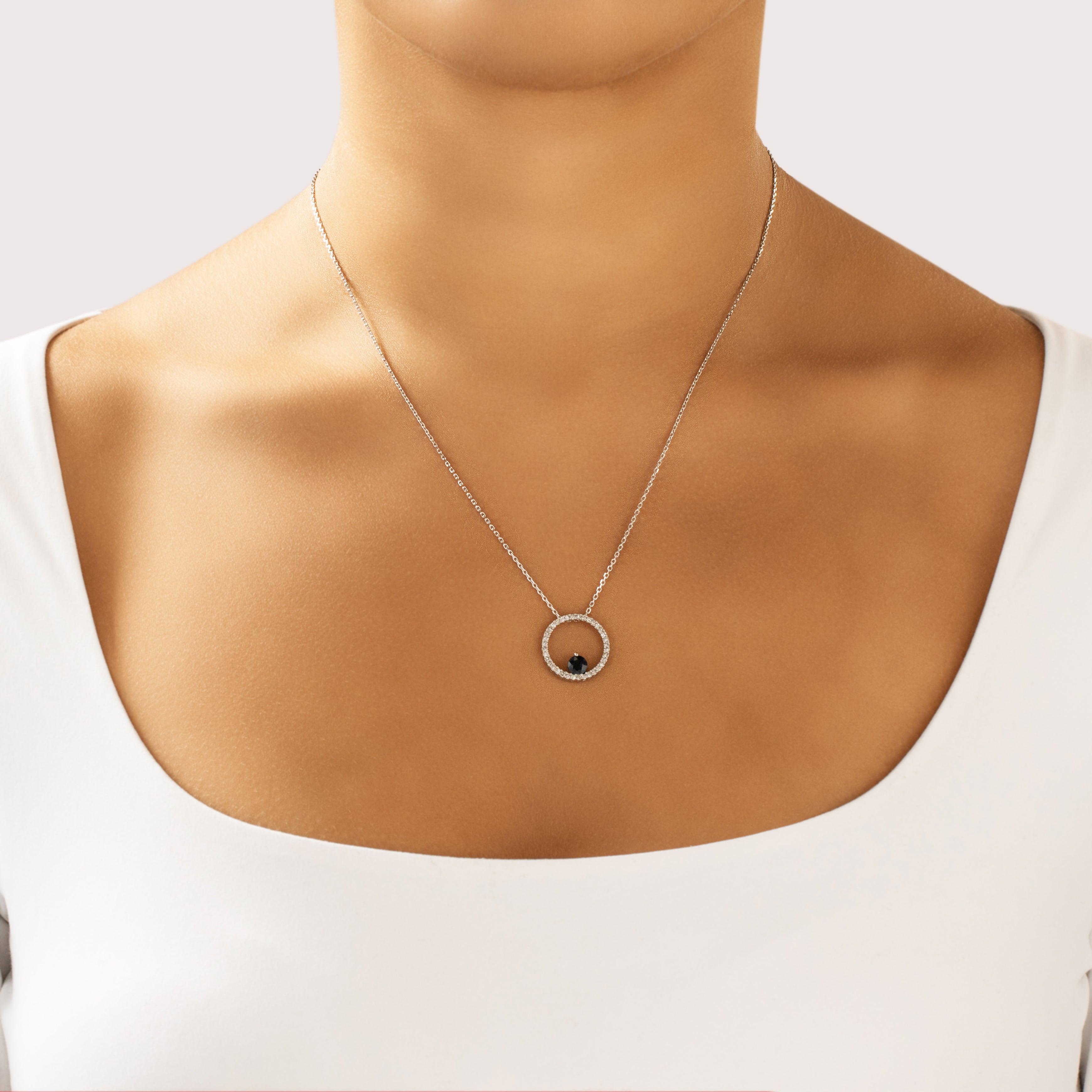 Vintage 14k White Gold .63ct Dark Blue Sapphire Diamond Glittering Orbital Slide Pendant - On model view