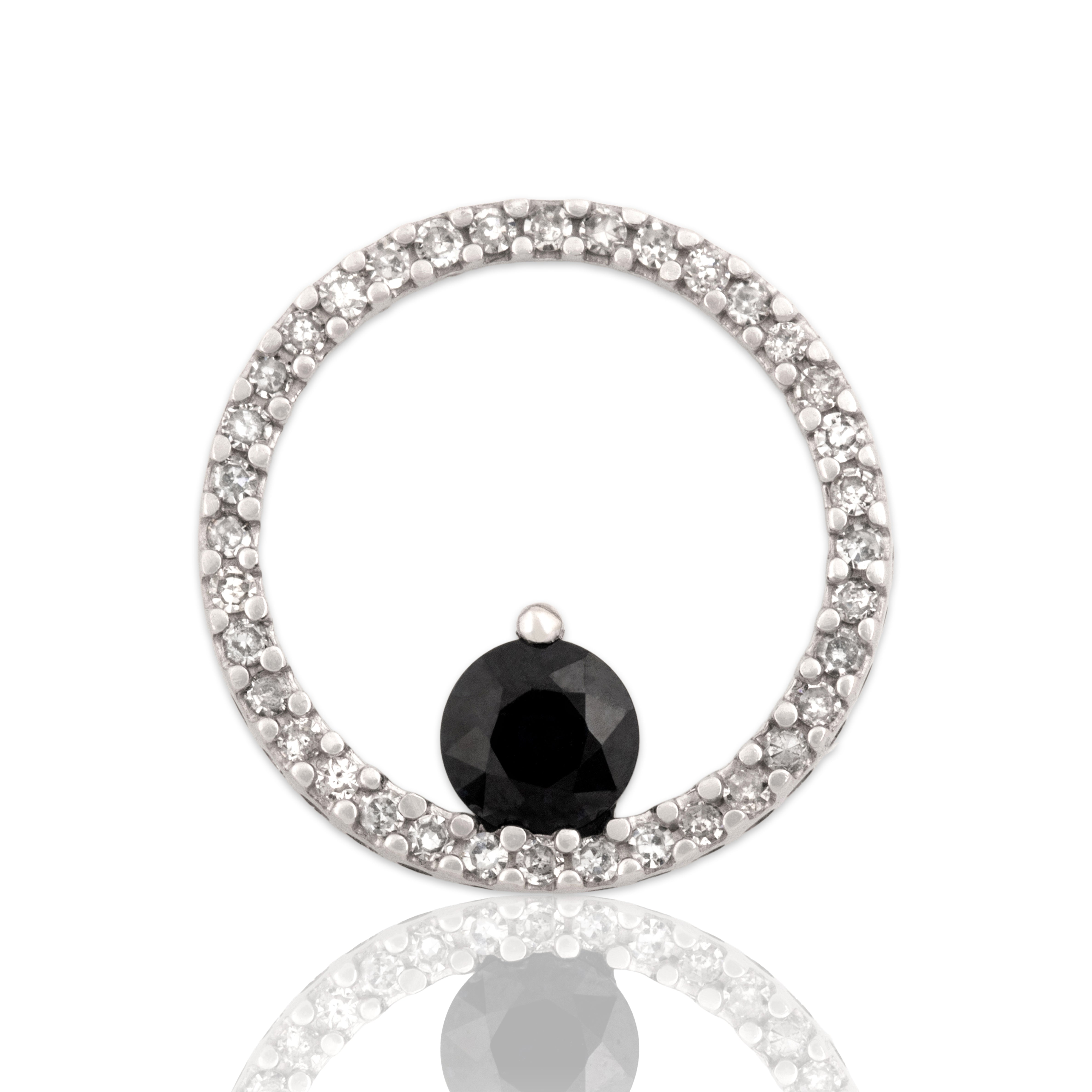 Vintage 14k White Gold .63ct Dark Blue Sapphire Diamond Glittering Orbital Slide Pendant - Close-up view