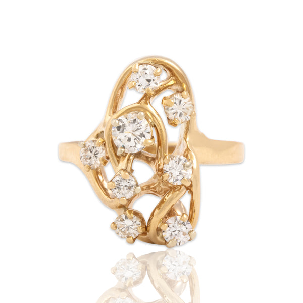 Vintage 14k Yellow Gold .94cttw Old European Cut Diamond Flowing Cluster Ring 8.25