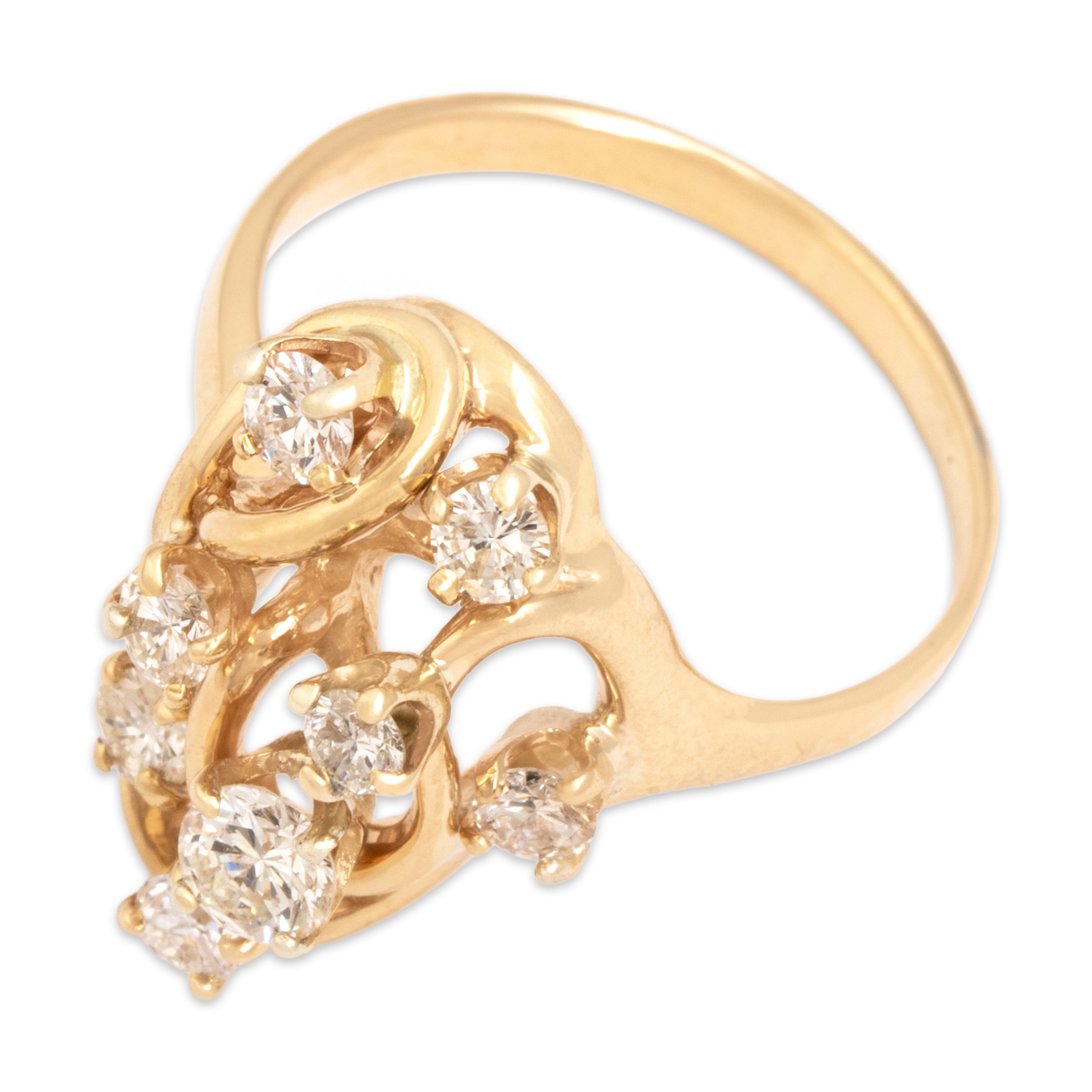 Vintage 14k Yellow Gold .94cttw Old European Cut Diamond Glittering Tall Flowing Cluster Ring - Overall view