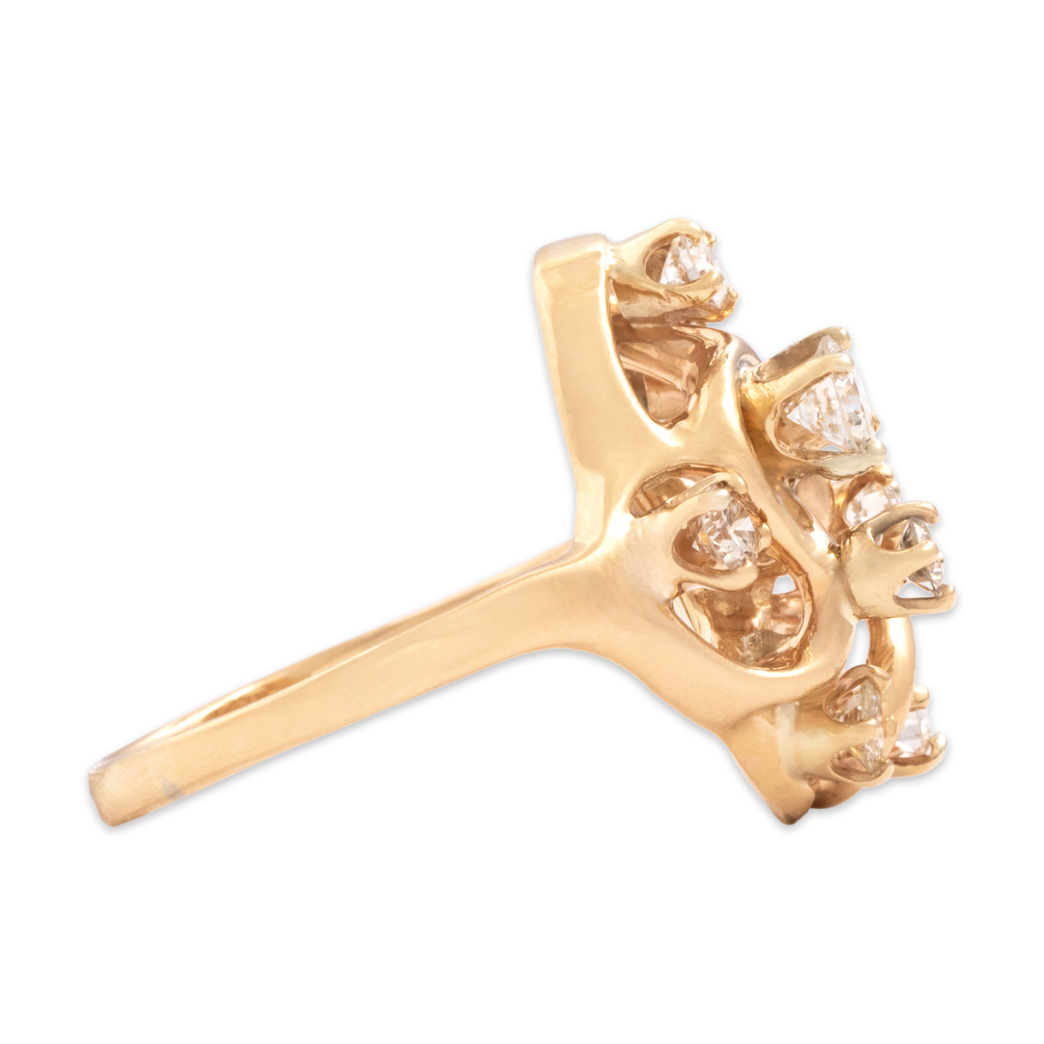 Vintage 14k Yellow Gold .94cttw Old European Cut Diamond Glittering Tall Flowing Cluster Ring - Side view