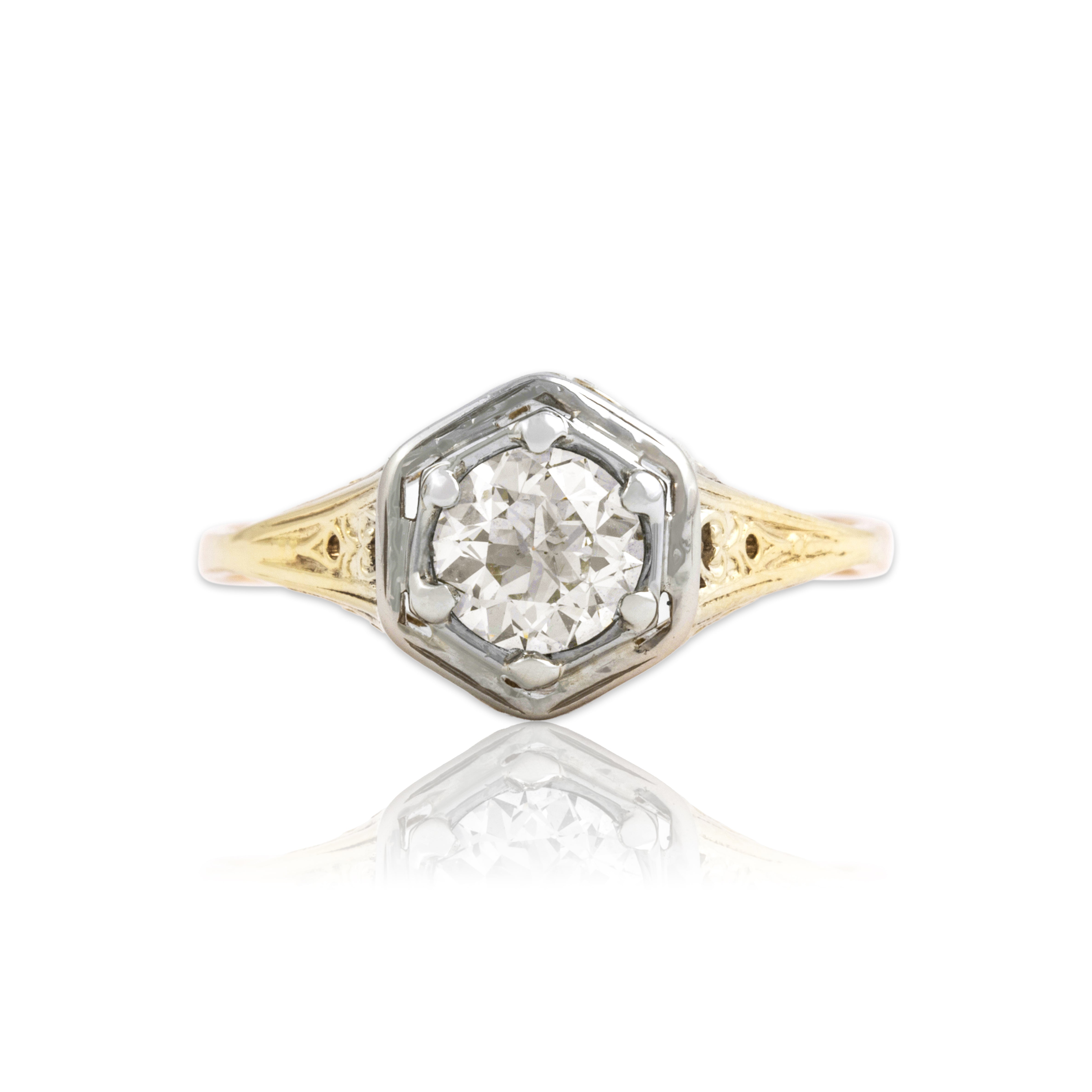 Antique Art Deco 14k Yellow & White Gold .74ct Old European Cut Diamond Ring 7.00
