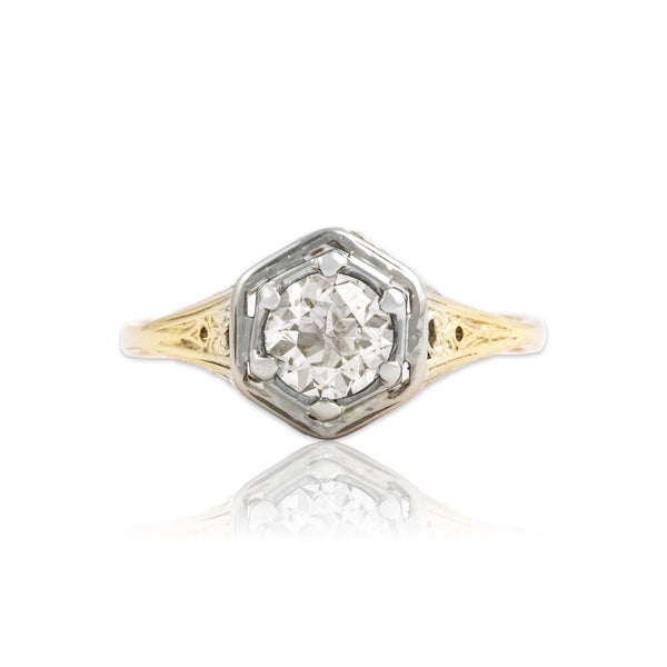 Antique Art Deco 14k Yellow & White Gold .74ct Old European Cut Diamond Ring 7.00