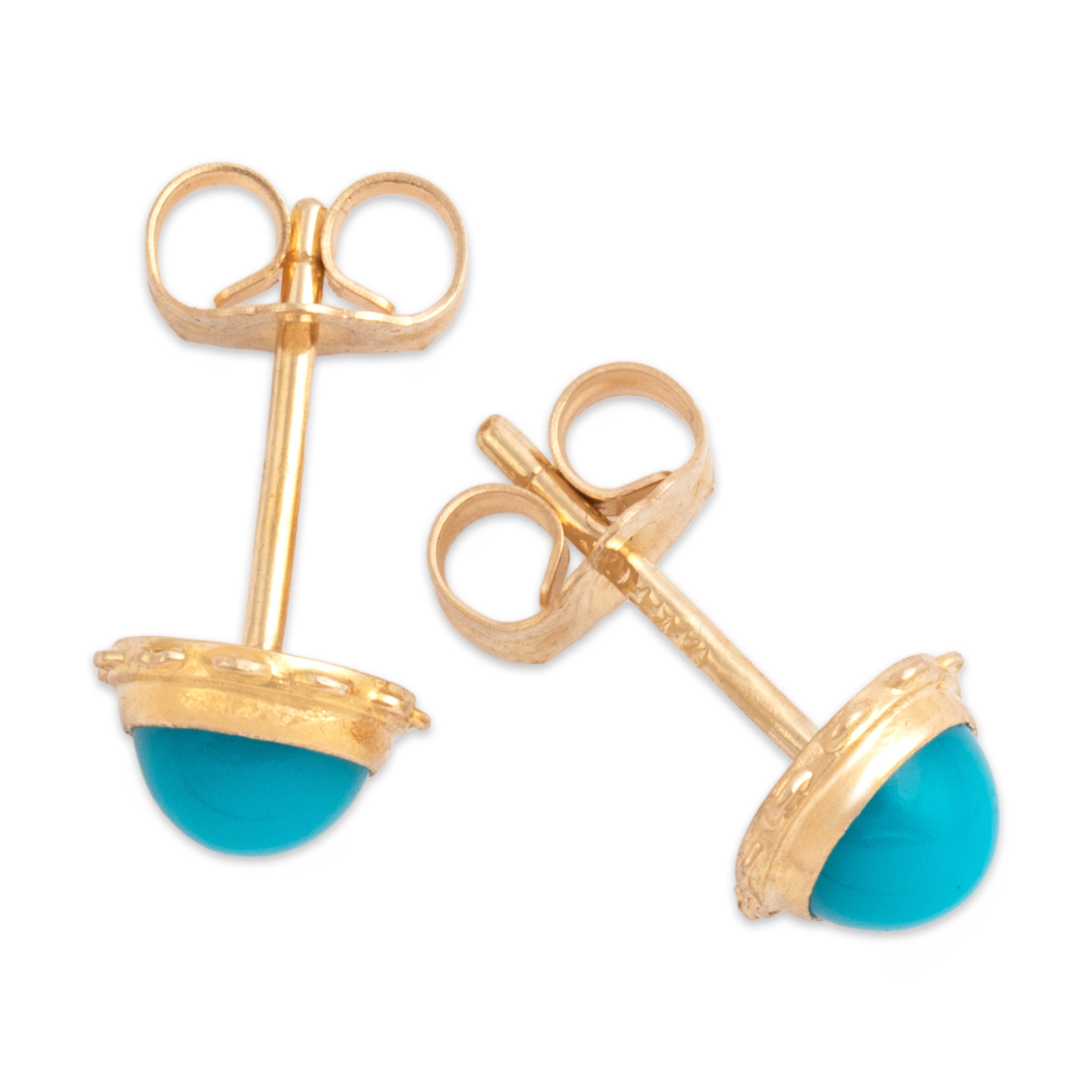 Vintage 14k Yellow Gold Blue Glass Scalloped Cabochon Stud Earrings -Overall view