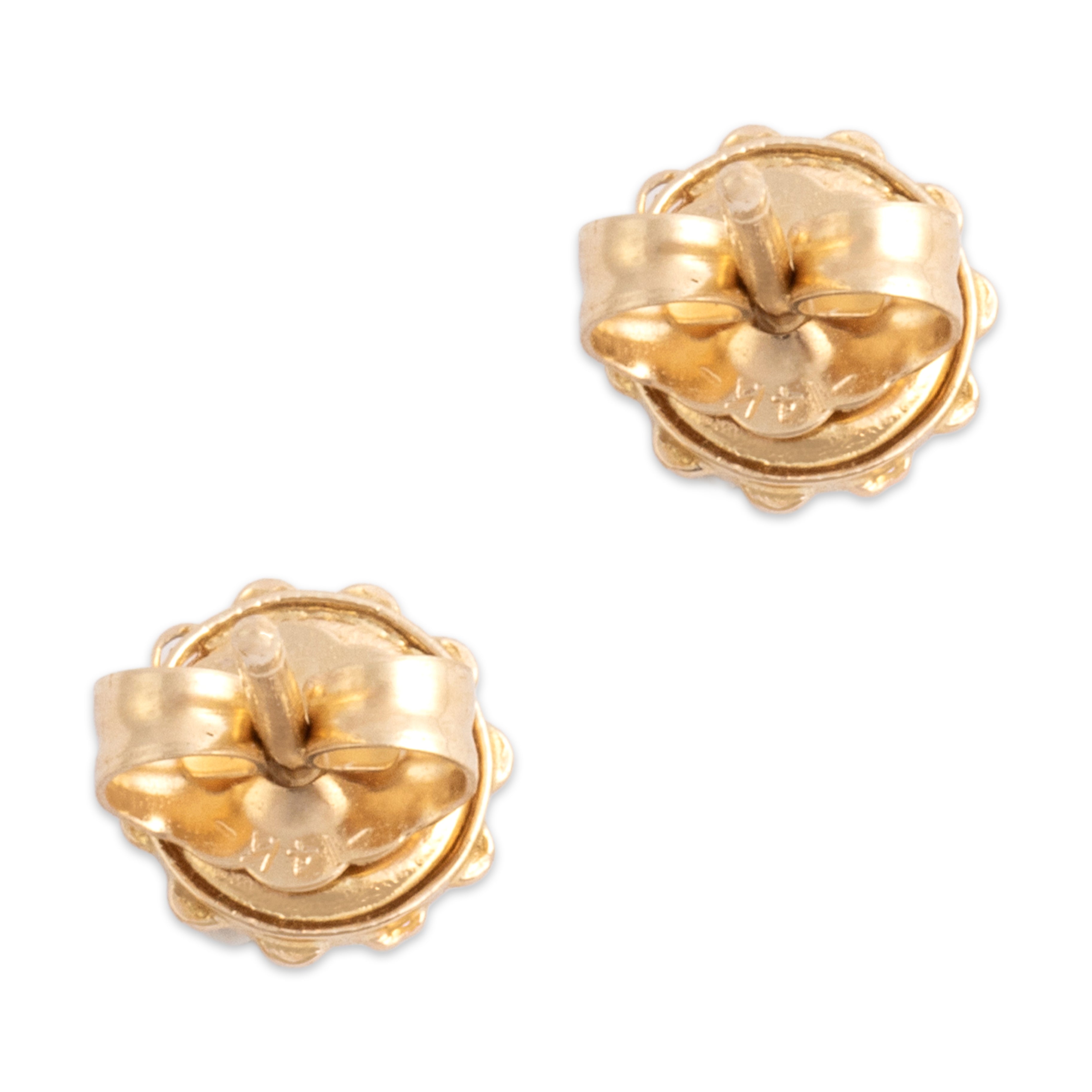 Vintage 14k Yellow Gold Blue Glass Scalloped Cabochon Stud Earrings -Back view