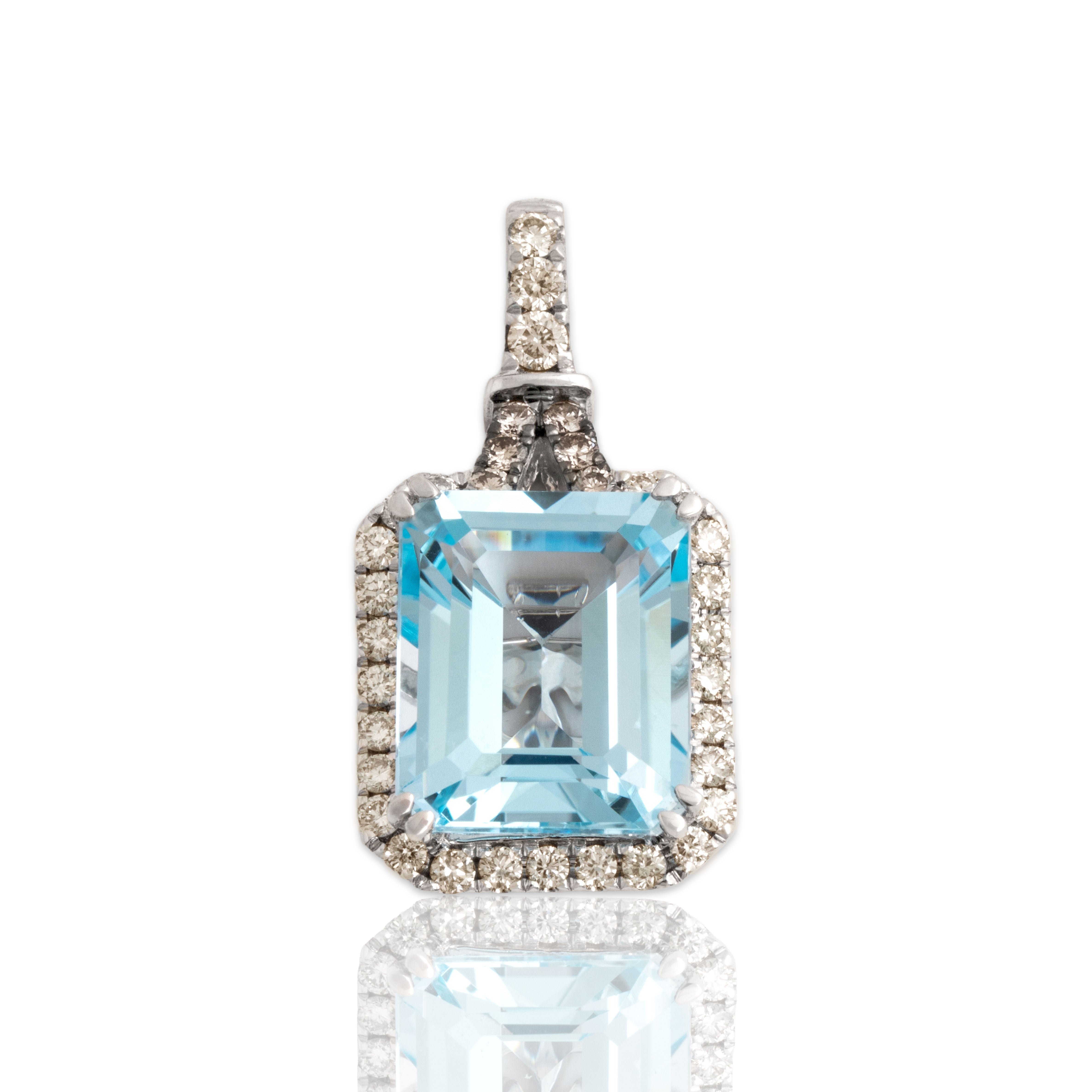 Estate 14k White Gold 6.4ct Blue Topaz Champagne & Chocolate Diamond Halo Pendant