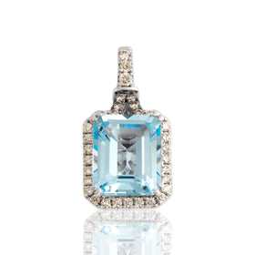 Estate 14k White Gold 6.4ct Blue Topaz Champagne & Chocolate Diamond Halo Pendant