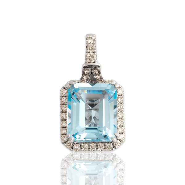 Estate 14k White Gold 6.4ct Blue Topaz Champagne & Chocolate Diamond Halo Pendant