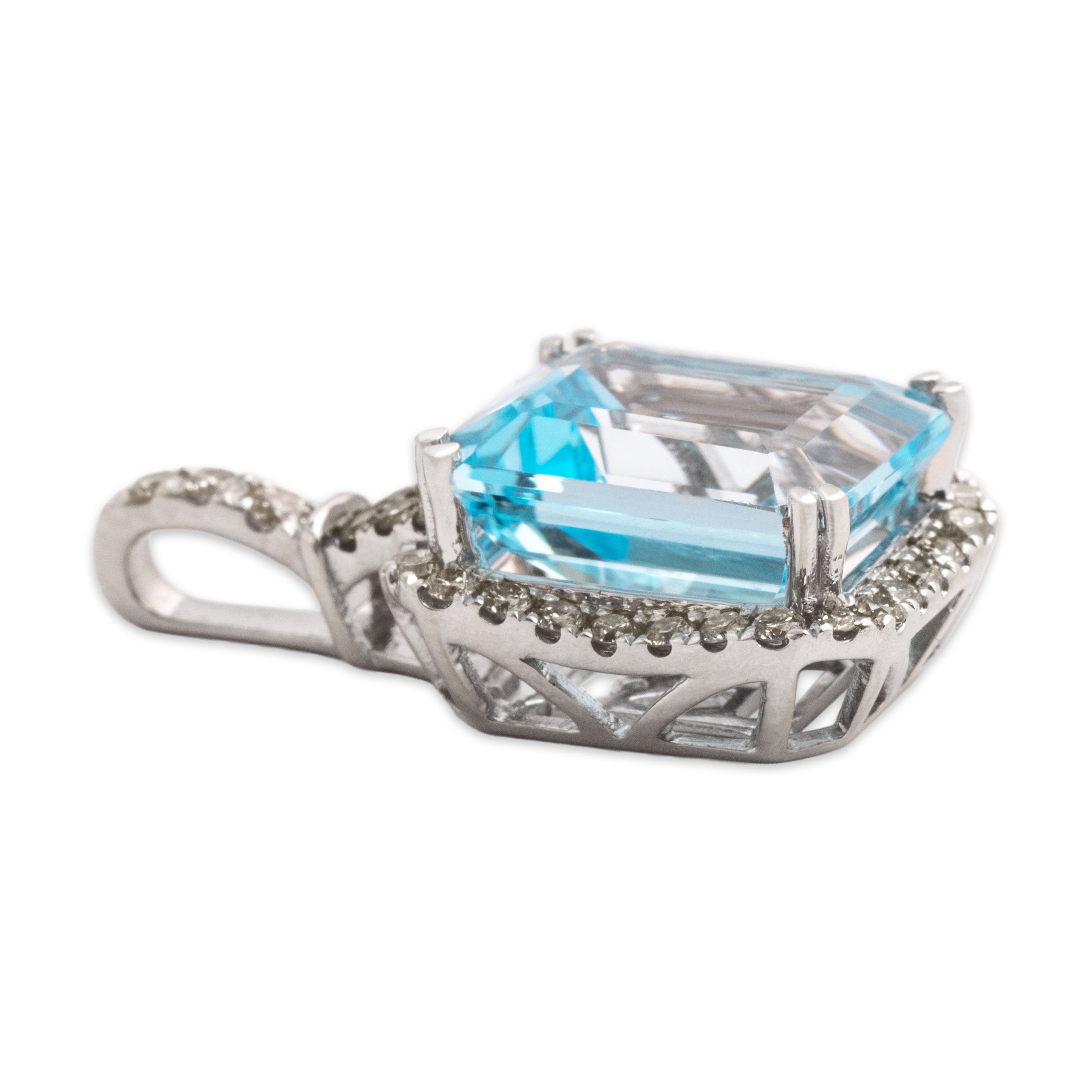 Estate 14k White Gold 6.4ct Blue Topaz Champagne & Chocolate Diamond Halo Pendant