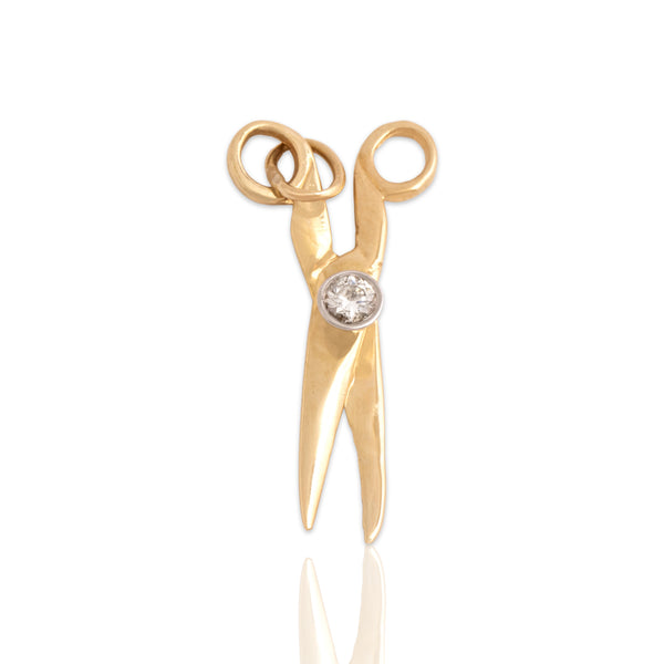 Vintage Lightweight 14k Yellow Gold Diamond Sparkling Scissors Charm / Pendant