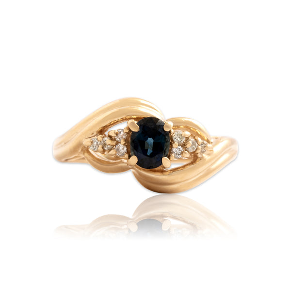 Vintage 14k Yellow Gold .53ct Sapphire Diamond Swooping Cluster Shoulder Ring 6.25