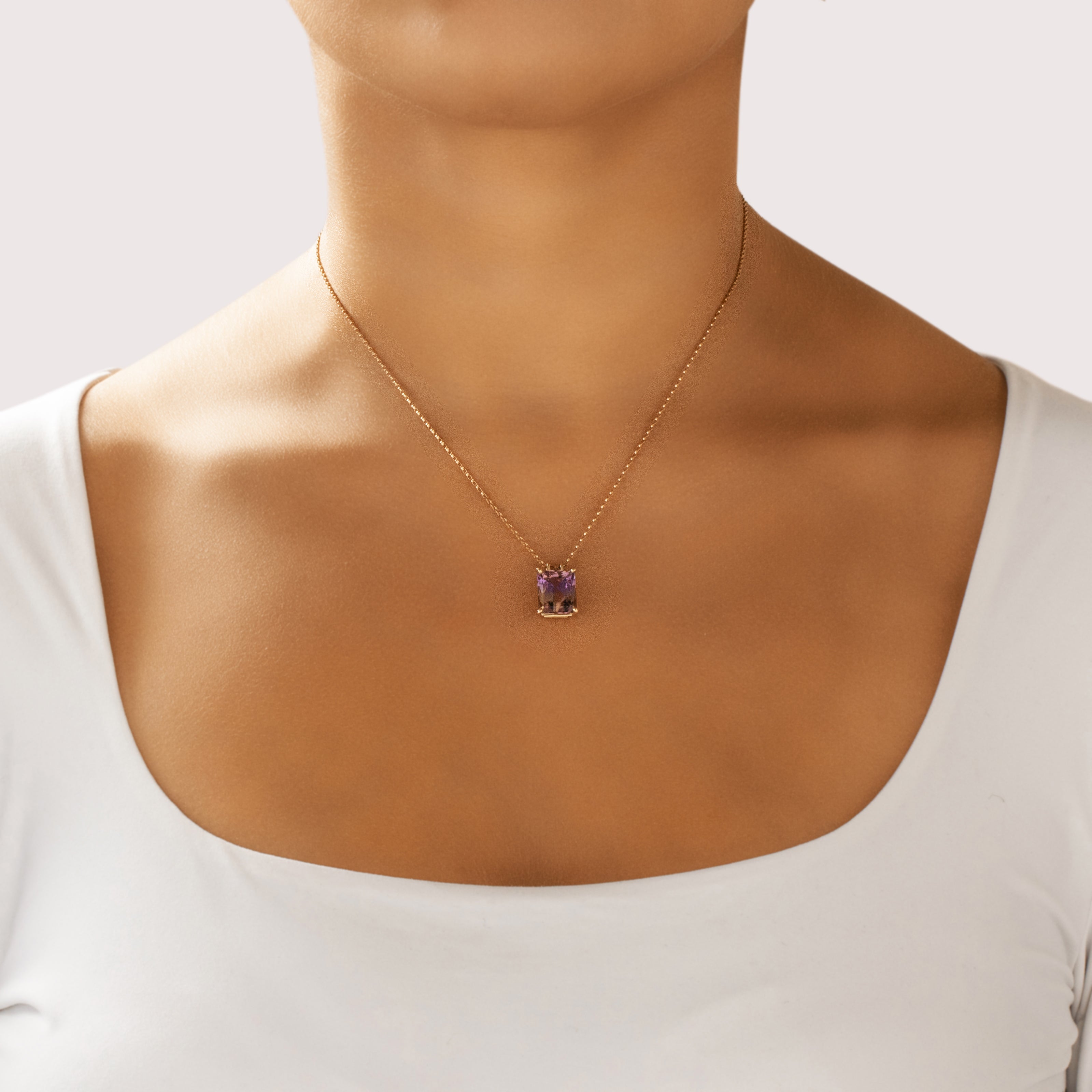Vintage 14k Yellow Gold 6.37ct Ametrine Chic Solitaire Pendant - On model view