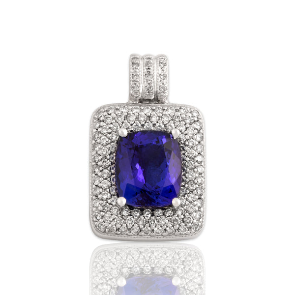 Vintage Large 14k White Gold 7.08ct Tanzanite 1.56cttw Diamond Enhancer Pendant - Close-up view