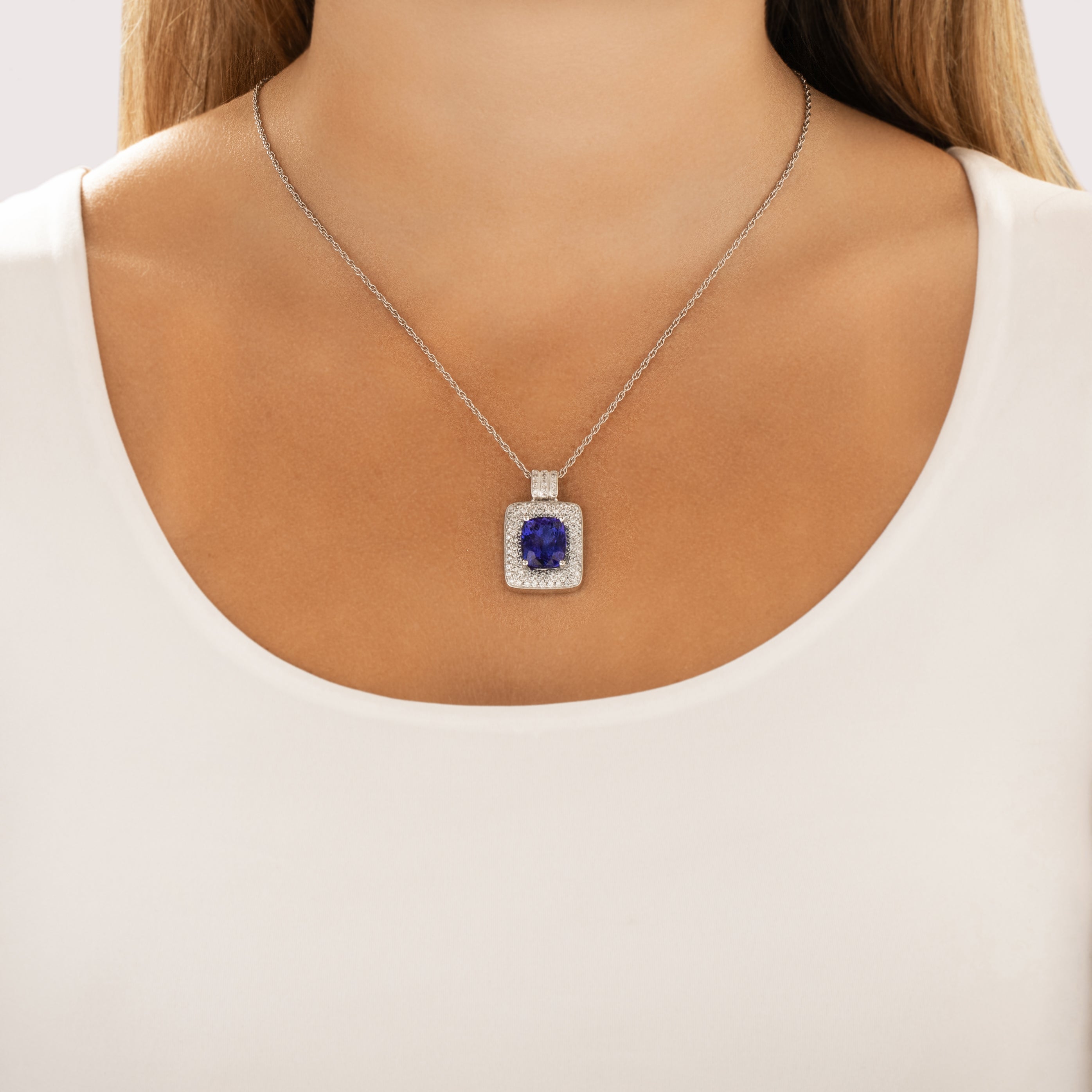 Vintage Large 14k White Gold 7.08ct Tanzanite 1.56cttw Diamond Enhancer Pendant - On model view