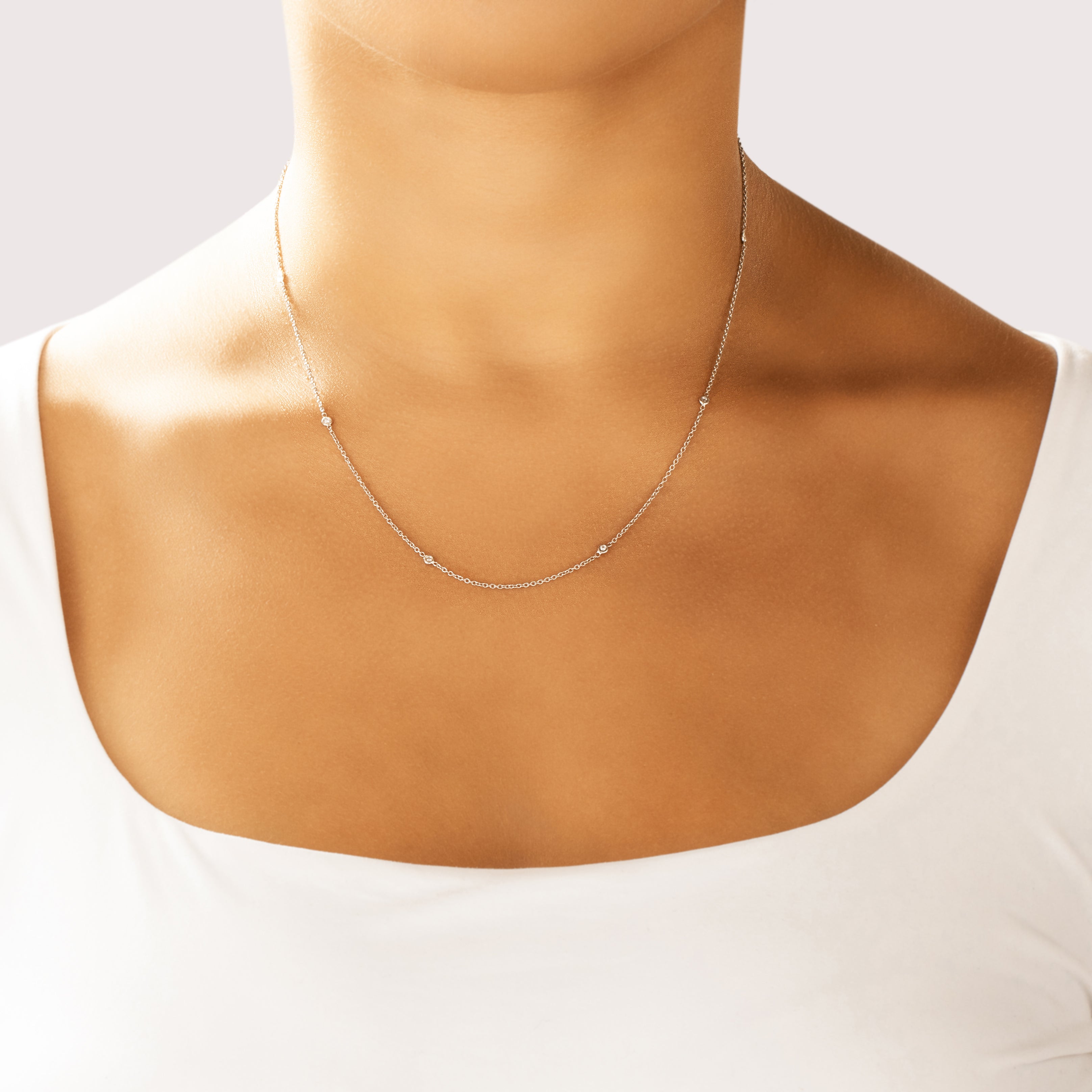 Vintage Italian 18k White Gold Diamond Delicate Dazzling Station Necklace - On model view