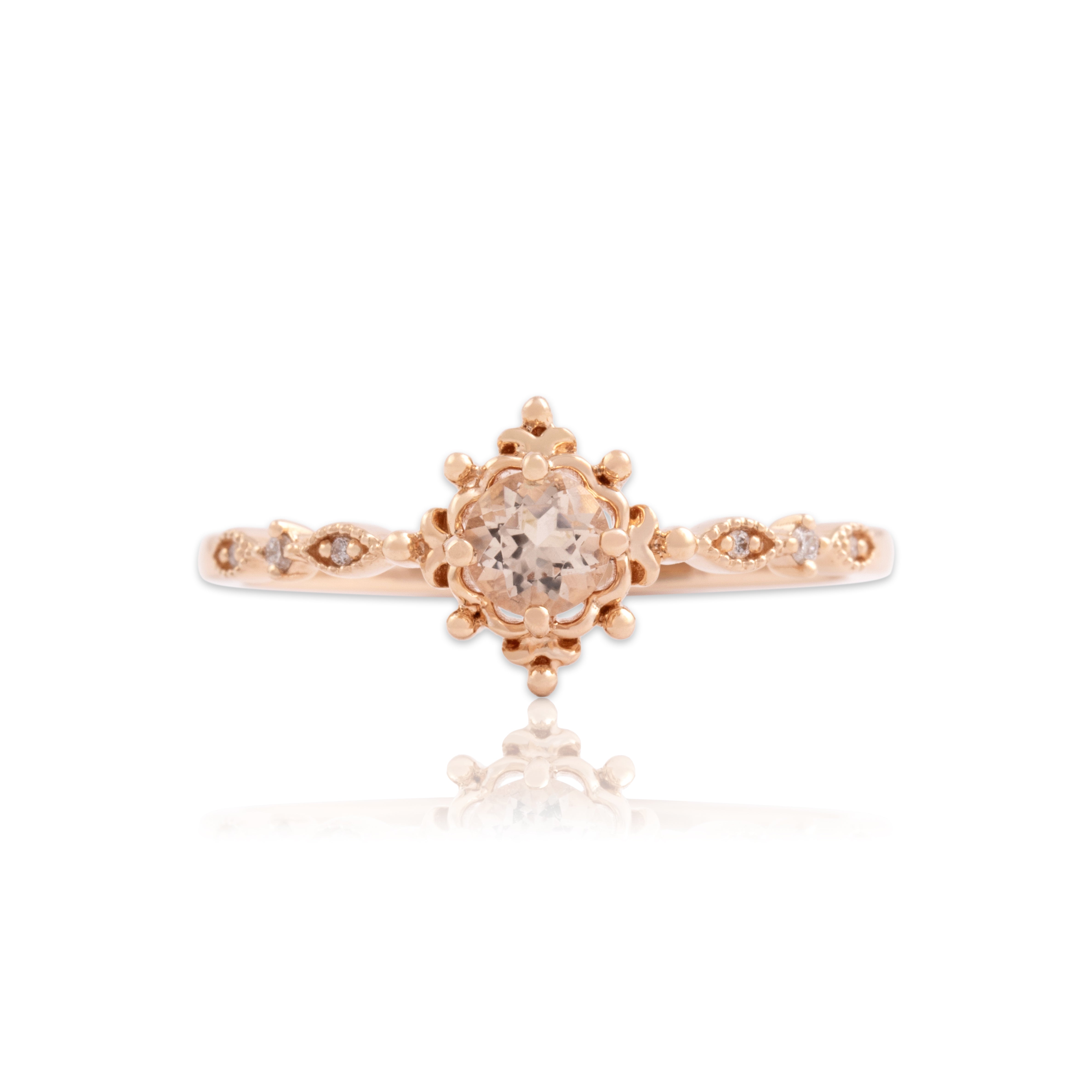 Estate 14k Rose Gold Morganite Diamond Lovely Ornate Setting Ring - Close-up view