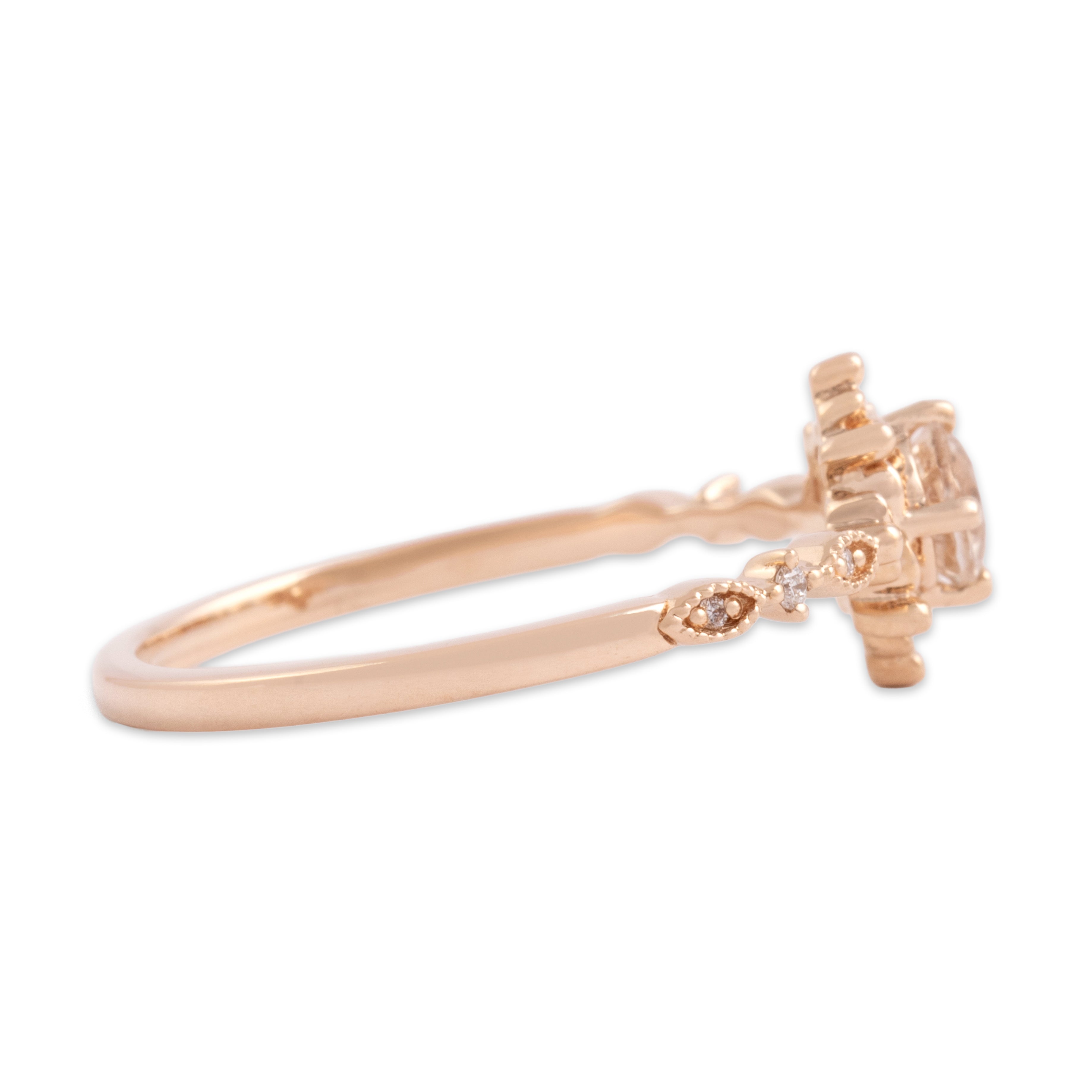 Estate 14k Rose Gold Morganite Diamond Lovely Ornate Setting Ring - Side view