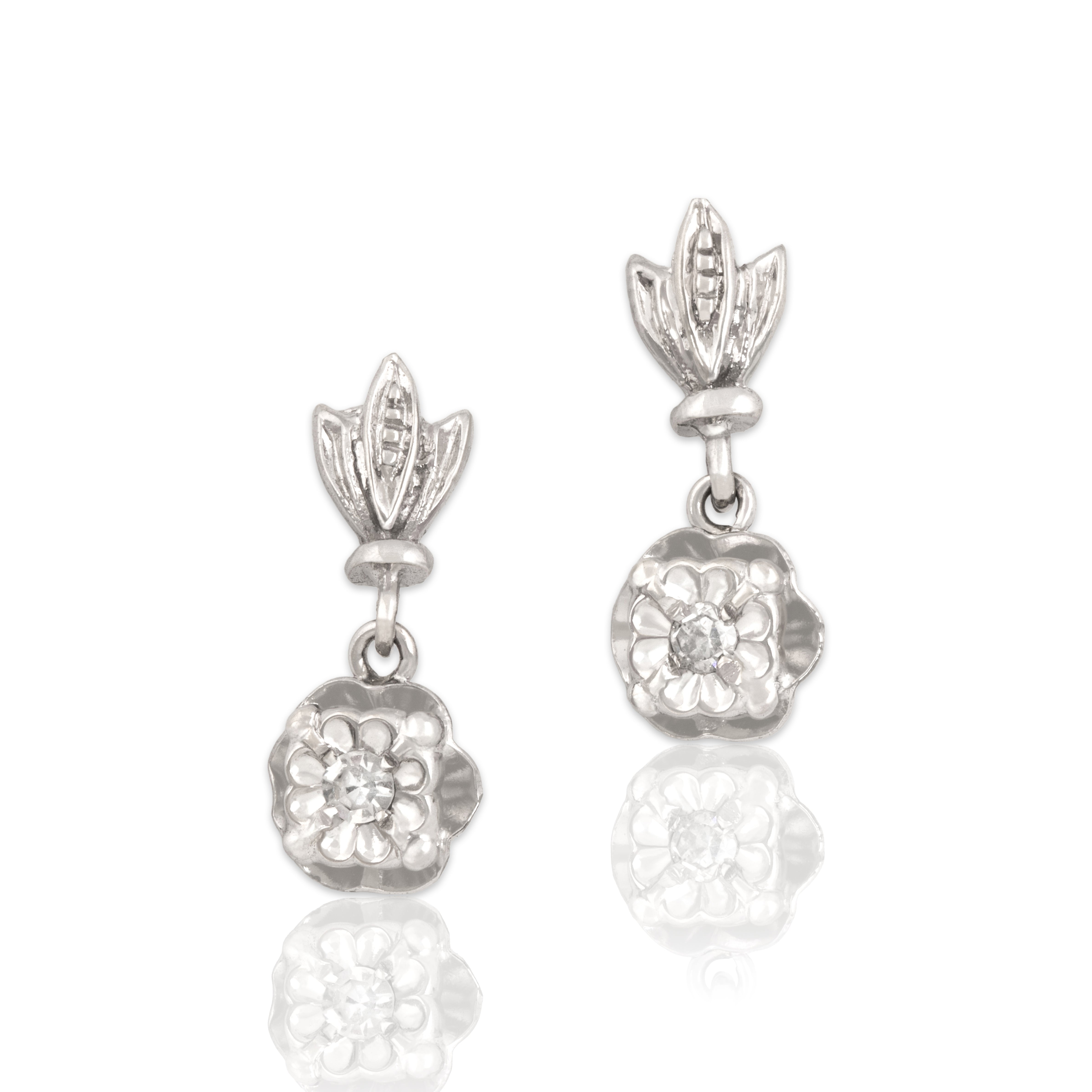 Vintage 14k White Gold Diamond Delicate Accented Floral Dangle Earrings - Close-up view