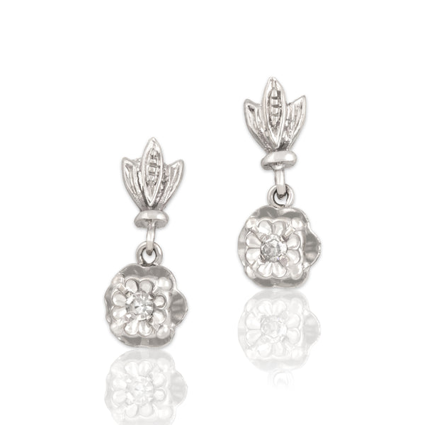 Vintage 14k White Gold Diamond Delicate Accented Floral Dangle Earrings