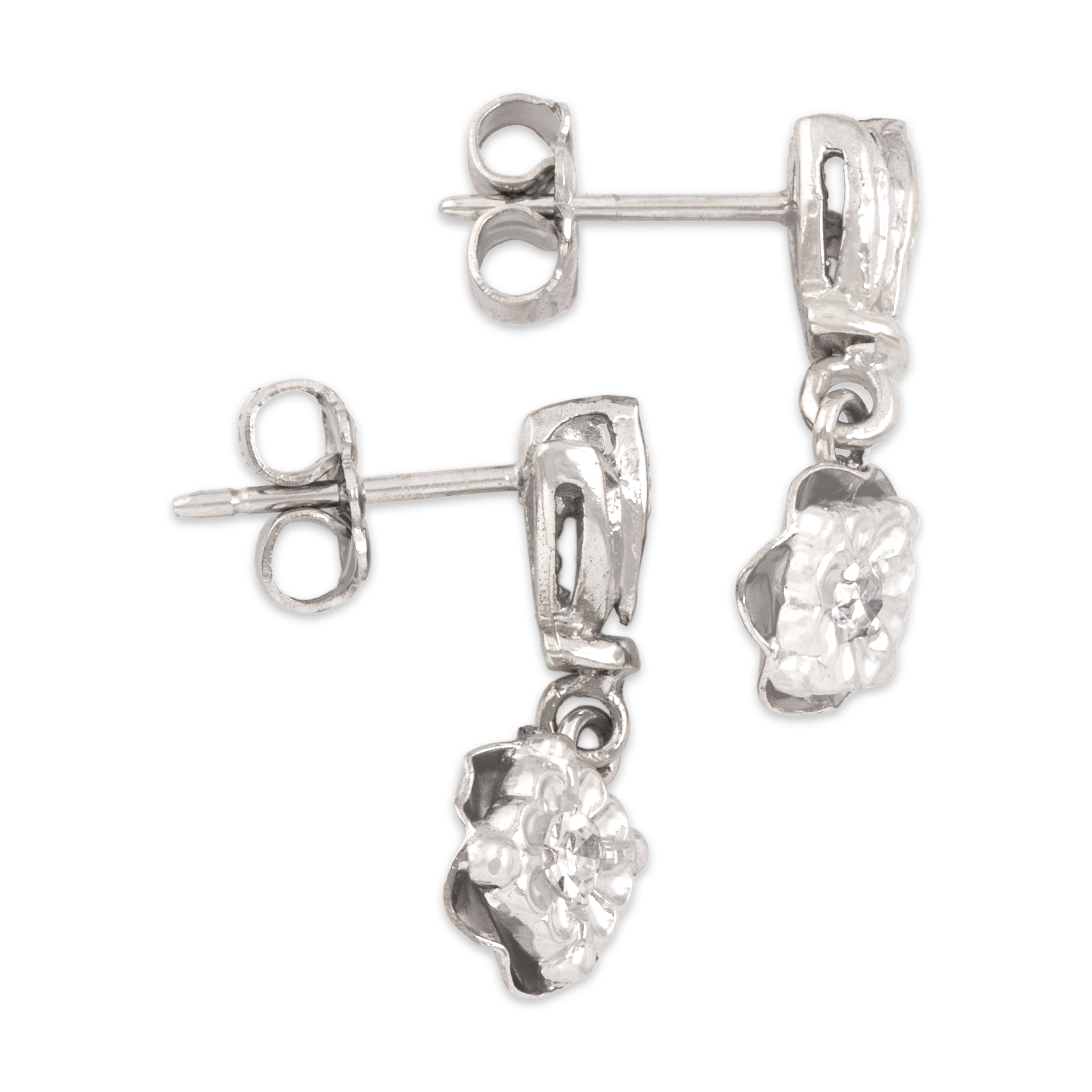 Vintage 14k White Gold Diamond Delicate Accented Floral Dangle Earrings - Side view